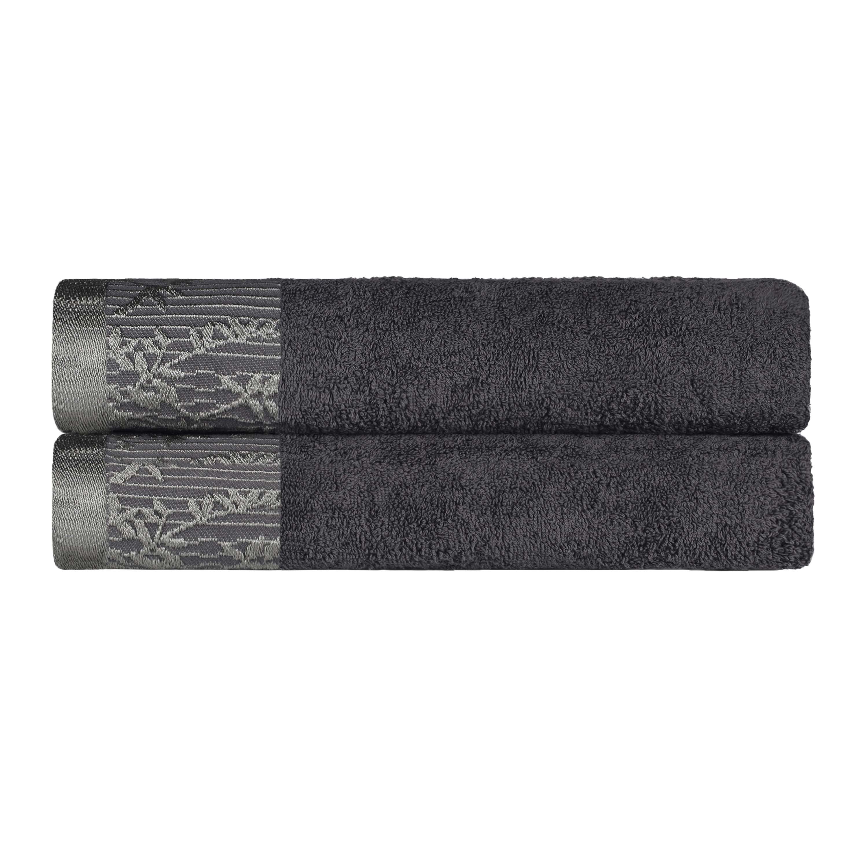 Premium Wisteria Cotton Floral Embroidered Jacquard Border Bath Towel Set of 2 - Soft Absorbent Luxury Towels for Spa, Bathroom & Guest Use