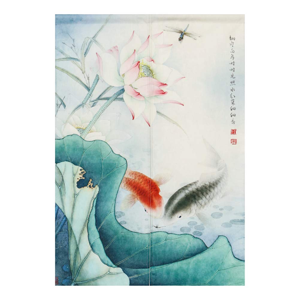 Japanese Noren Curtains - Cotton Linen Doorway Tapestry with Lotus Flower Design, 27