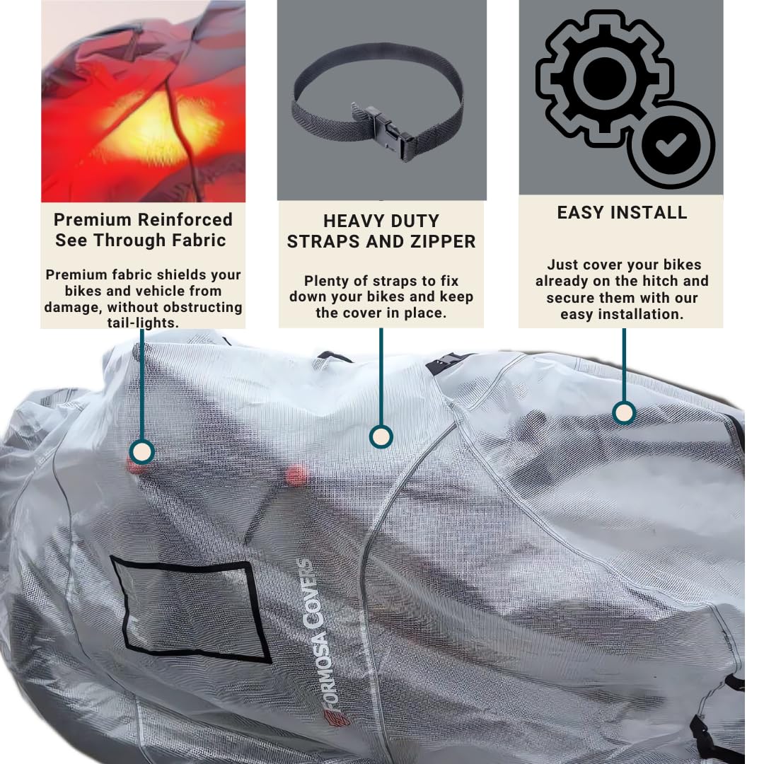 FORMOSA ALL CLEAR Translucent PVC Mesh Bike Transport Cover - Waterproof Bicycle Cover for 1-2 Bikes - Compatible with Rear Hitch Mount Racks - Perfect for Road Trips, Camping & Outdoor Adventures