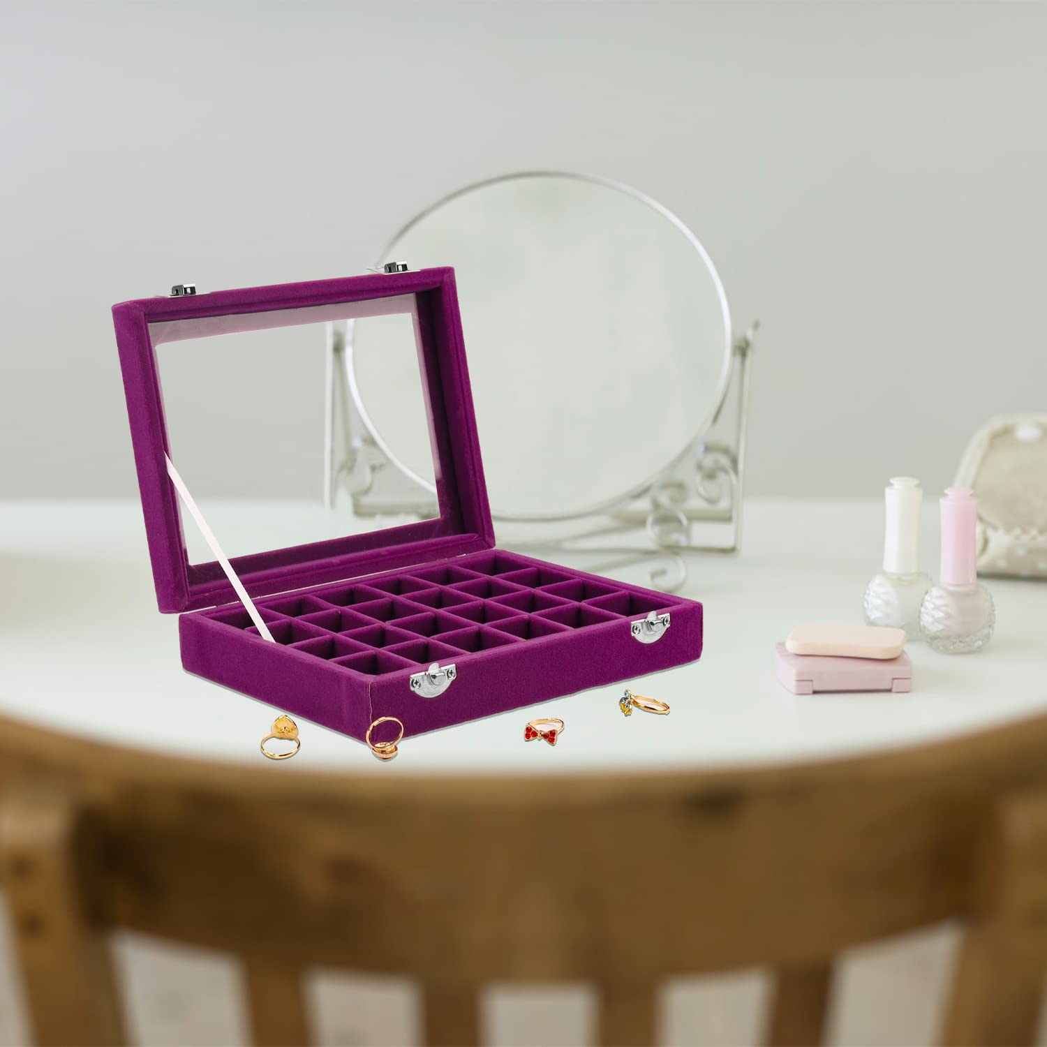Lainrrew 24-Slot Velvet Jewelry Organizer Box - Elegant Ring & Earring Display Case for Women | Perfect for Travel, Vanity & Gift Giving (Purple)