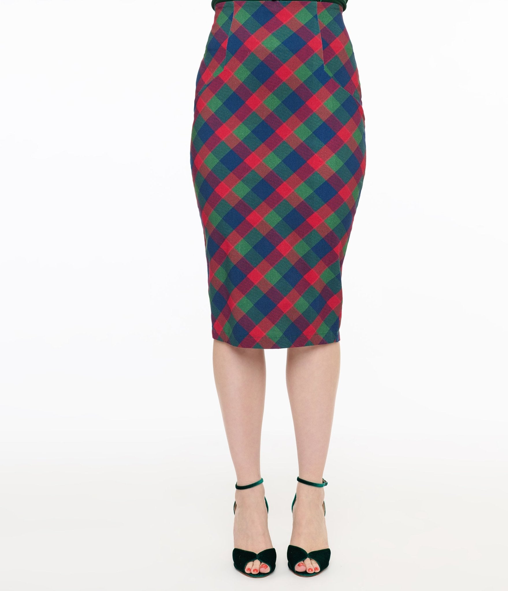Vintage 1950s Green & Red Plaid Tracy Pencil Skirt - Retro High Waist Slim Fit Skirt for Women | Perfect for Christmas Parties, Office Wear & 50s Themed Events