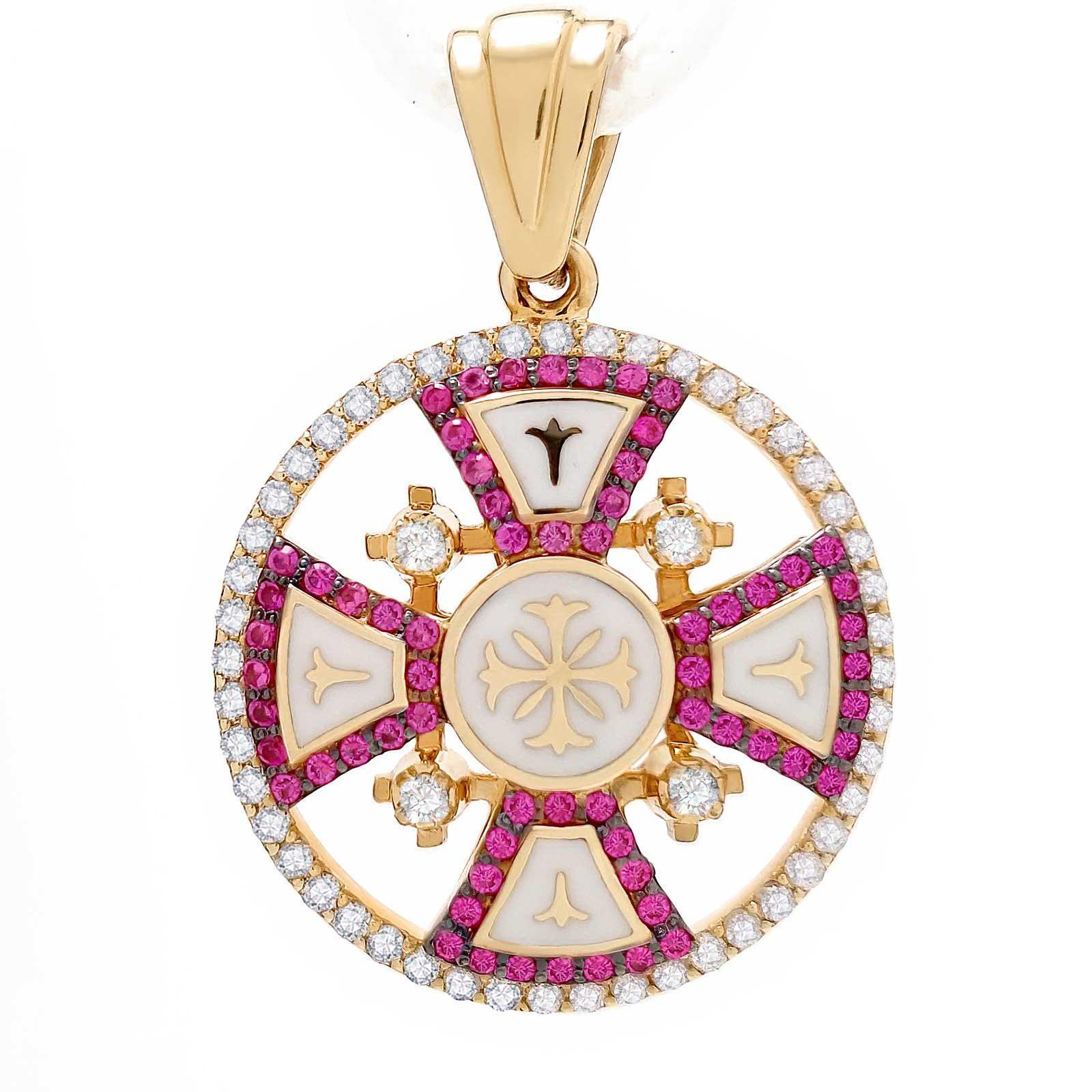 14K Gold Jerusalem Cross Round Pendant with 64 Rubies & 52 Diamonds - Elegant Religious Jewelry for Gifts & Special Occasions