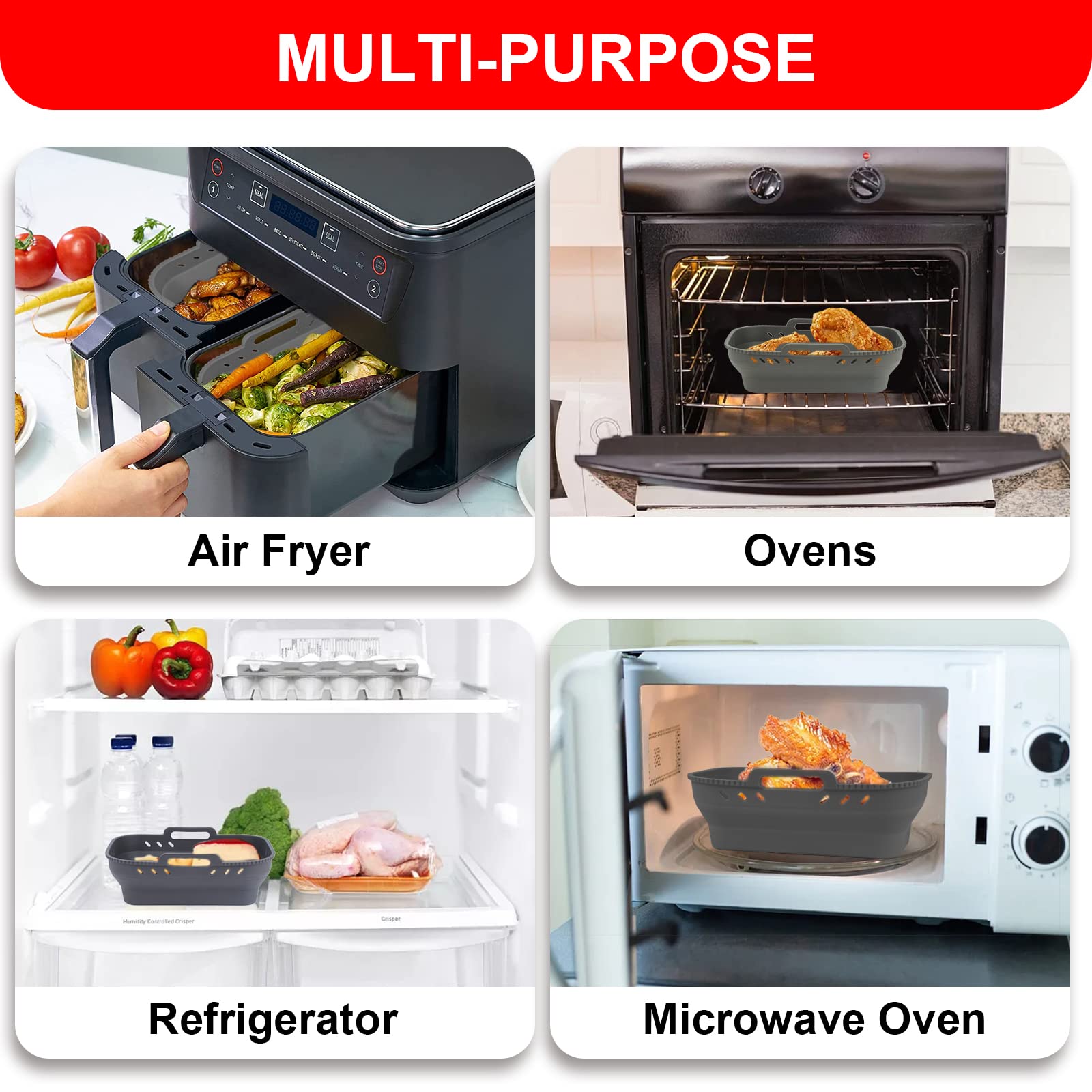 Non-Stick Air Fryer Silicone Liners - 7.56 Inch Collapsible Baking Trays for Small Air Fryers (2 Pack, Grey & Black) | Reusable, Easy Clean Accessories for Healthy Cooking & Meal Prep