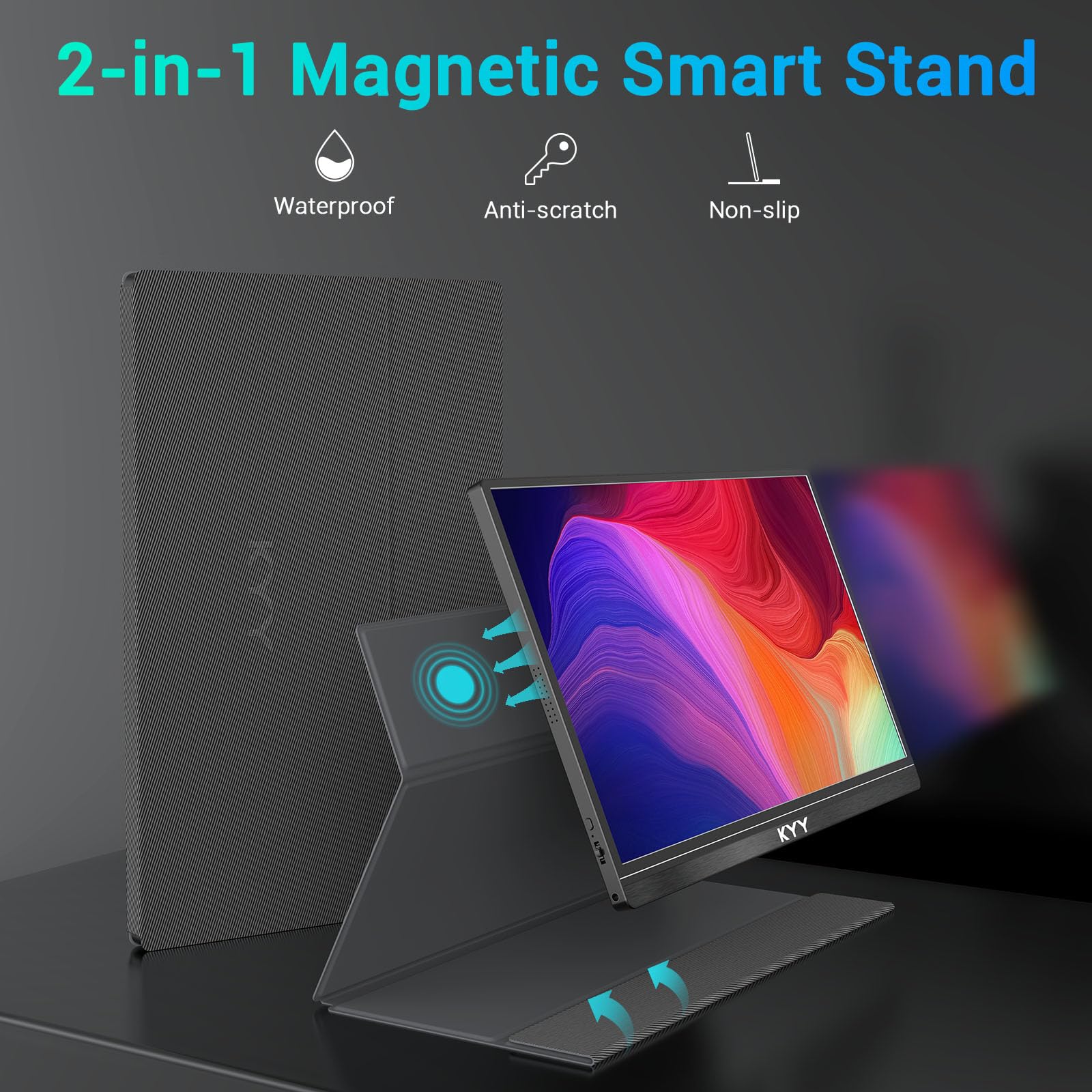 KYY 15.6 Inch Portable Monitor - Full HD 1080P IPS Display, Ultra Slim USB C HDMI External Screen with Smart Cover & Built-in Speakers, Plug & Play for Laptop, PC, Mac, Phone, Gaming Console - Perfect for Work, Travel & Gaming Entertainment