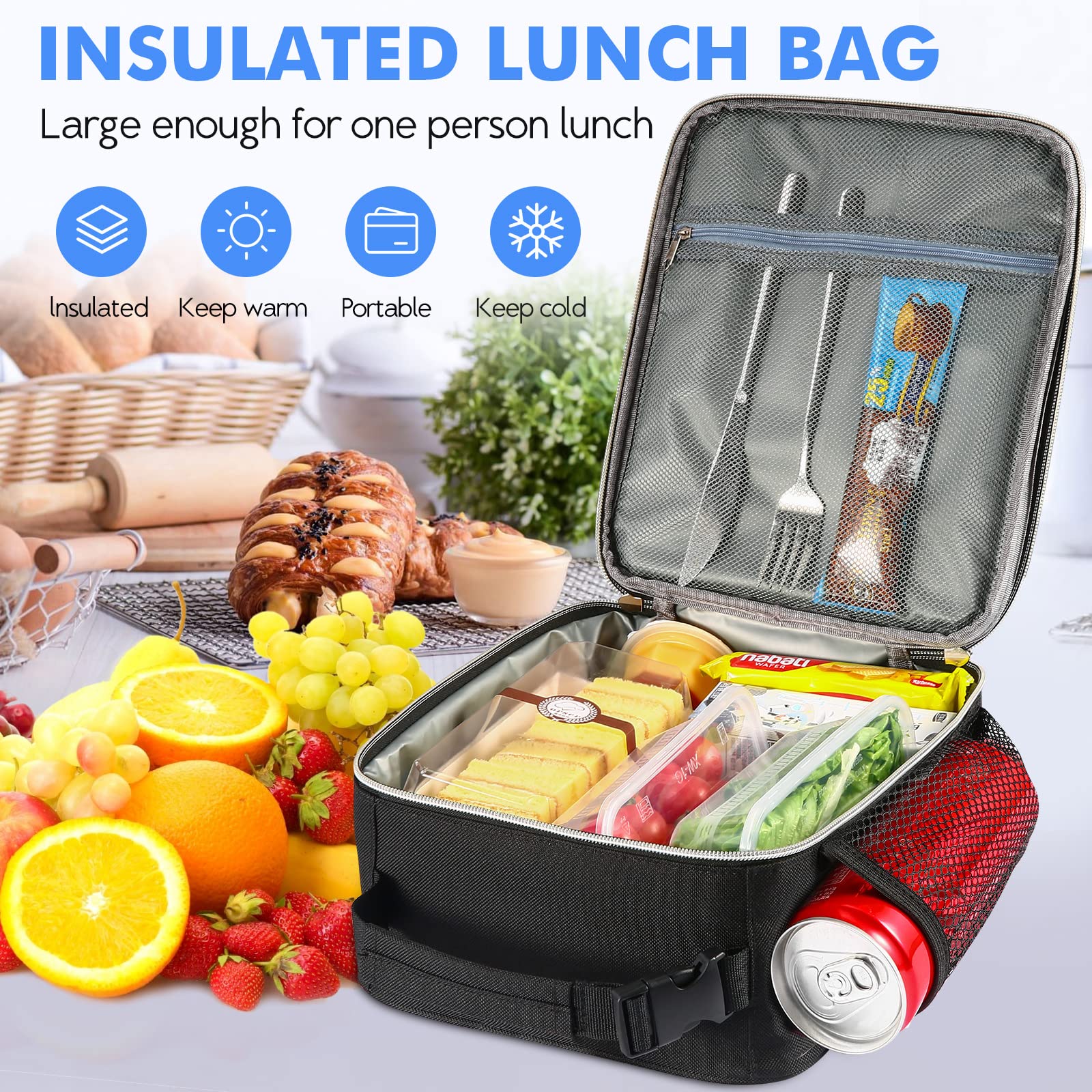 Insulated Lunch Box for Adults - Reusable & Durable Small Lunch Bag Tote for Men & Women, Black with White - Perfect for Work, School, Picnics & Outdoor Activities