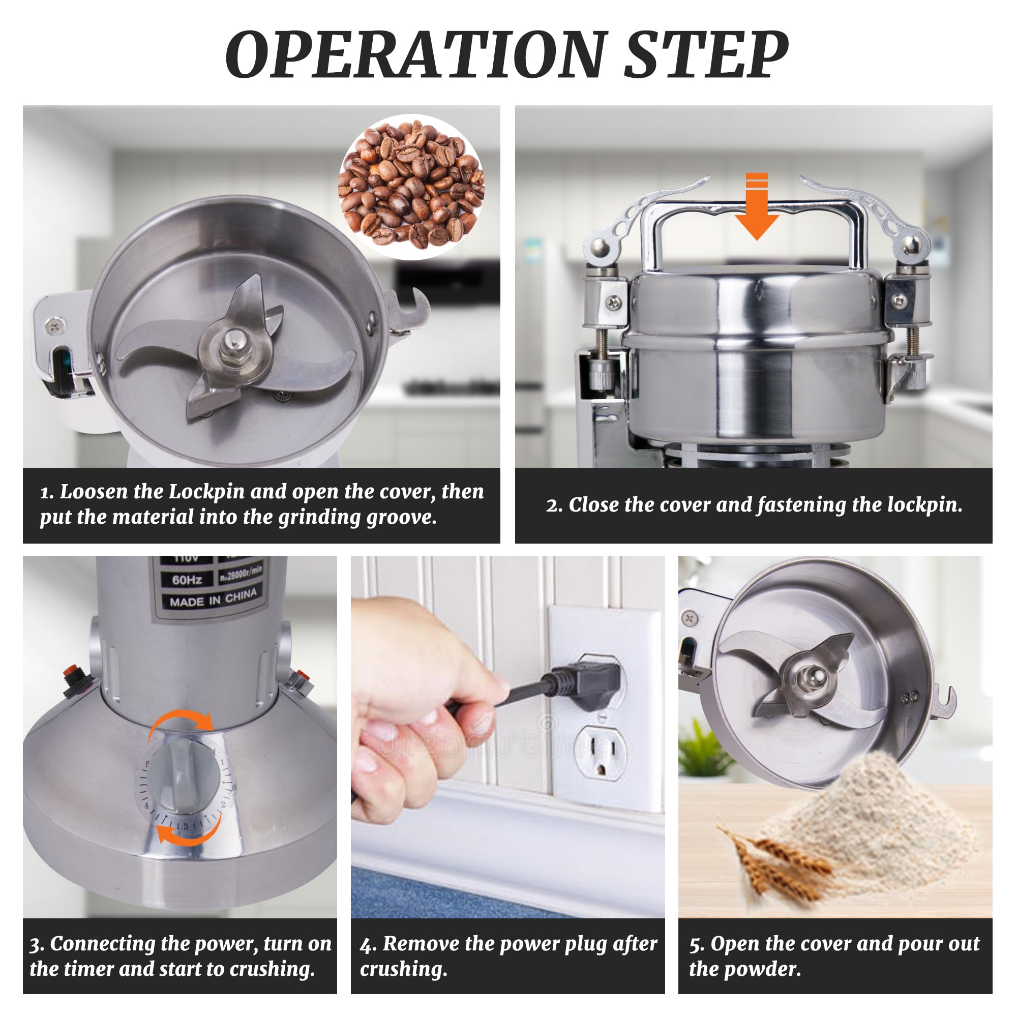400g Electric Grain Grinder - 1800W High-Speed Stainless Steel Powder Mill for Coffee Beans, Spices & Herbs | Commercial & Home Use for Grinding Corn, Pepper & Dry Ingredients