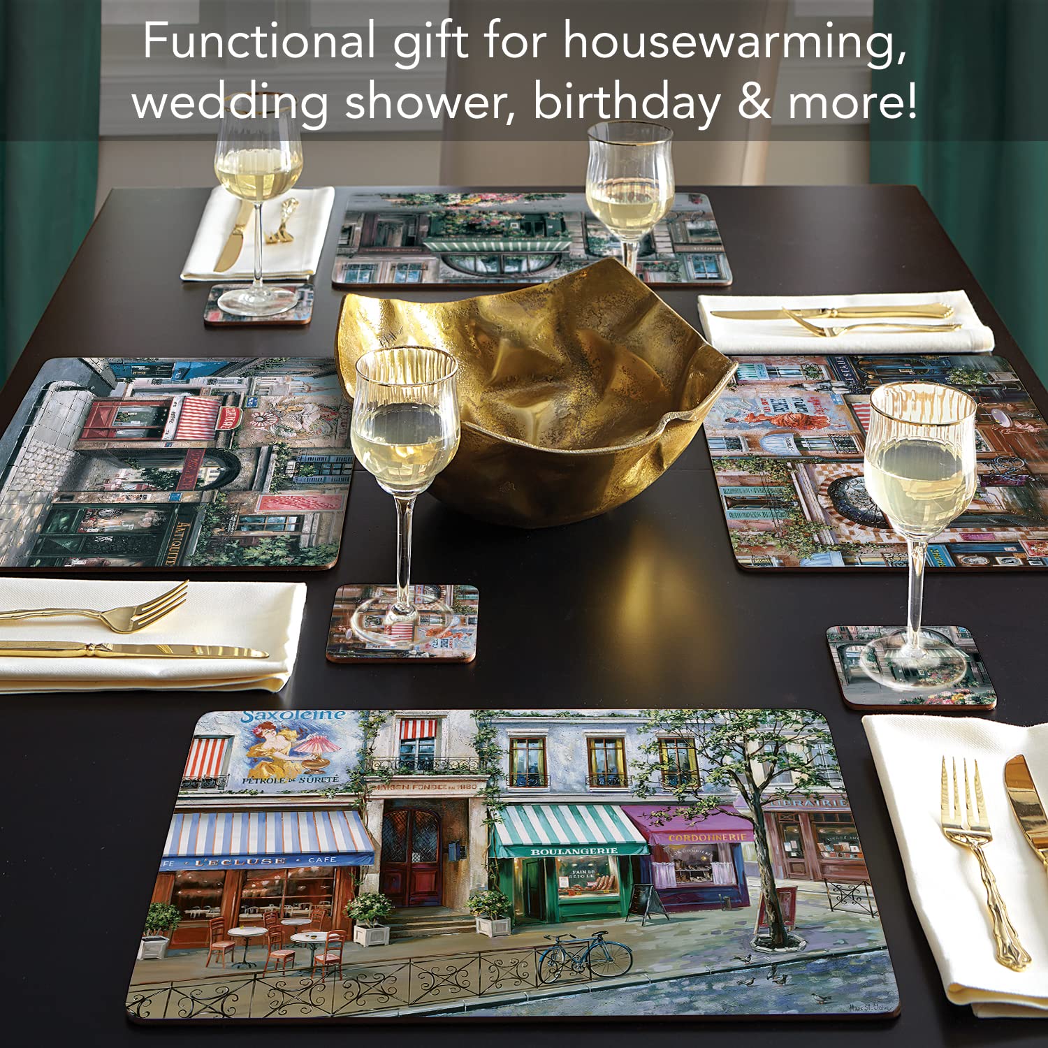 Village Square Decorative Hardboard Cork Back Tabletop Placemats - Set of 4 - Heat Resistant & Easy to Clean - Made in USA - Perfect for Dining Tables, Kitchen Countertops & Home Decor
