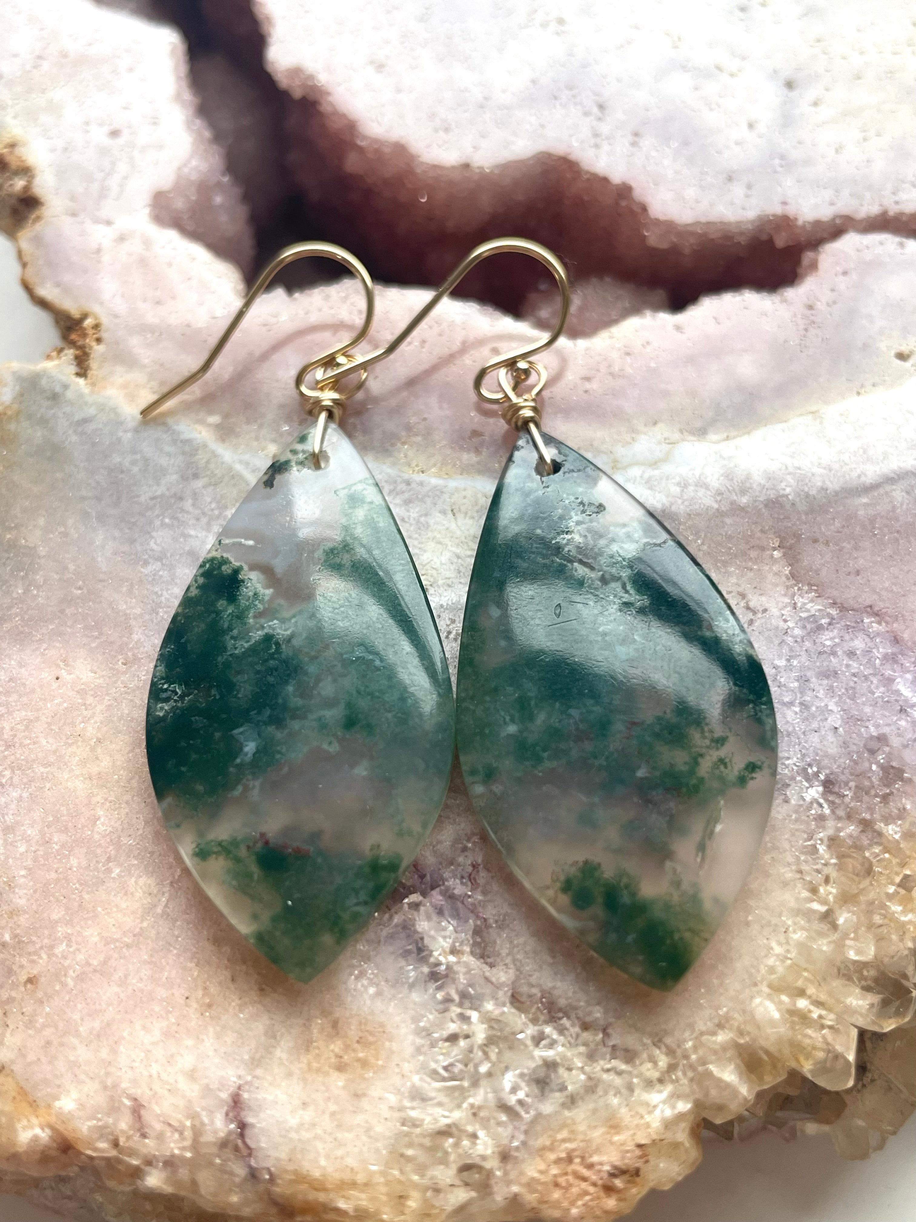 Large Moss Agate Statement Earrings - Gold Filled Dangle Earrings for Women | Boho Chic Jewelry for Parties, Weddings & Special Occasions