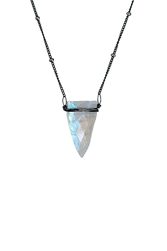 Genuine Rainbow Moonstone Triangle Arrow Pendant Necklace - Oxidized Sterling Silver Women's Jewelry - June Birthstone Gift - Elegant Necklace for Women - Perfect for Birthday, Anniversary & Everyday Wear