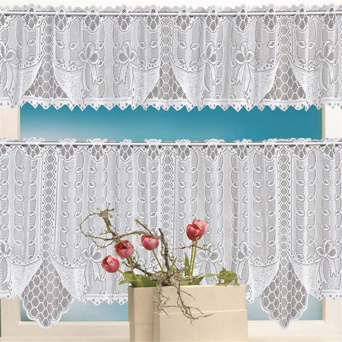 2PCS Lace Coffee Cafe Window Tier Curtains Set for Kitchen & Dining Room - Elegant Home Decor (Beige) | Perfect for Boho Farmhouse Style & Coffee Shop Ambiance