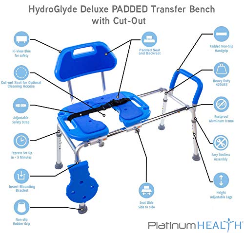 Platinum Health Sliding Shower Chair HydroGlyde Premium Heavy Duty - Padded Bathtub Transfer Bench with Cut-Out Seat, Adjustable Legs & Safety Belt | Tool-Less Assembly | Elderly & Disabled Bathing Safety | Non-Slip Blue Shower Seat for Bathtub & Walk-In Showers