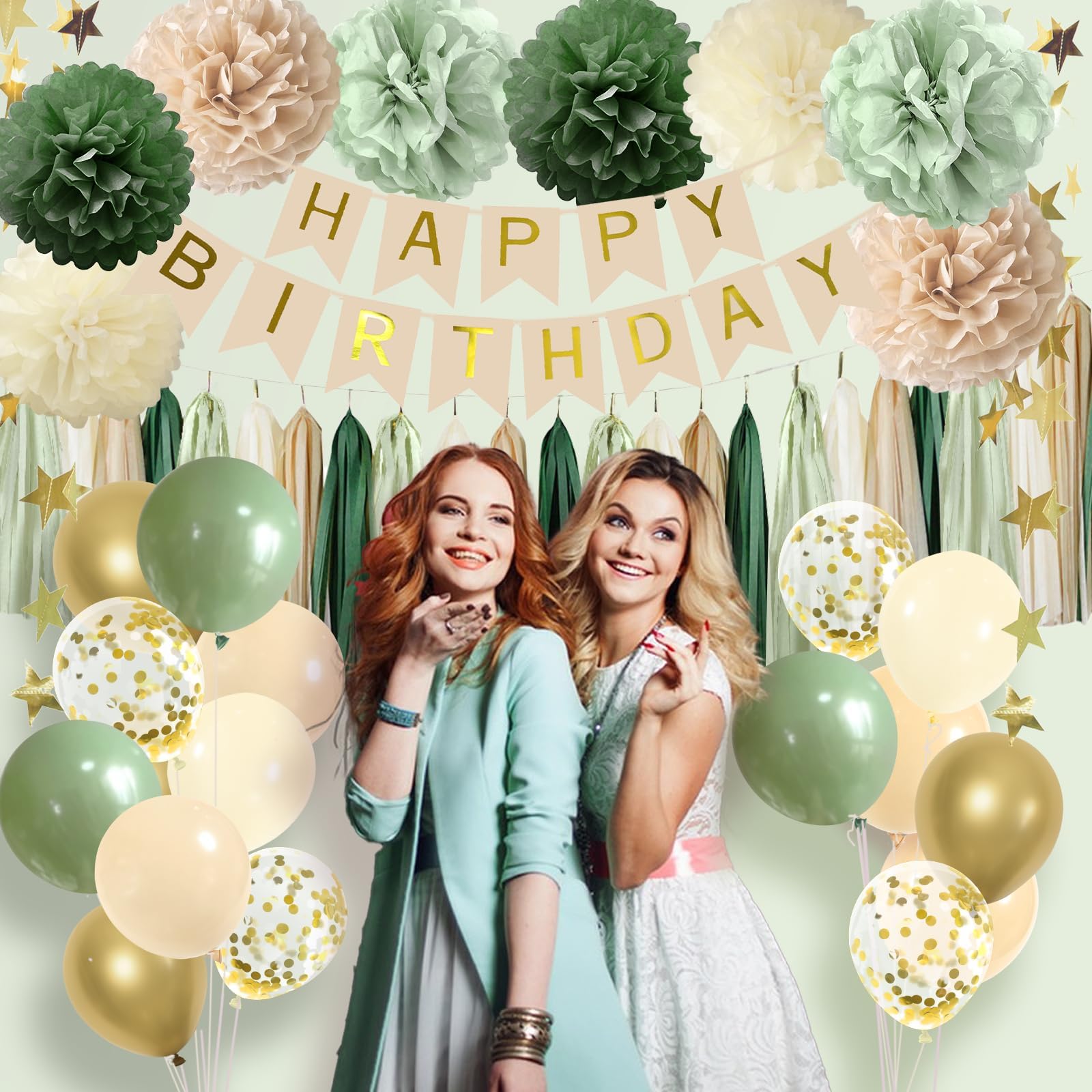 Sage Green Birthday Party Decorations Kit - Includes Banner, Tissue Tassels, Paper Pompoms, Balloons & Star Garland - Perfect for Women's Birthday Celebrations, Baby Showers & Bridal Showers