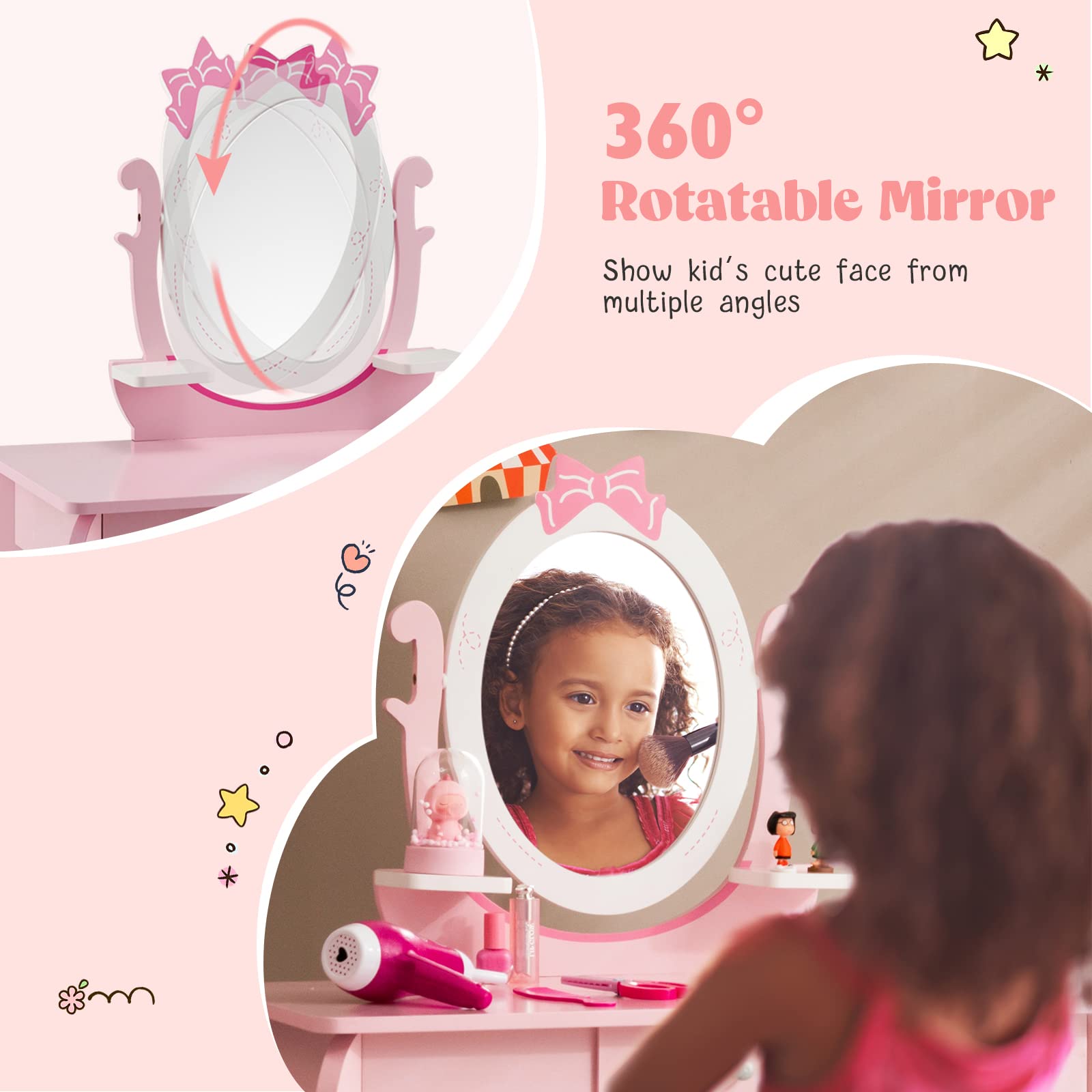 KOTEK 2-in-1 Kids Vanity with Rotating Mirror - Princess Dressing Table for Girls 3-7 - Playroom Decor