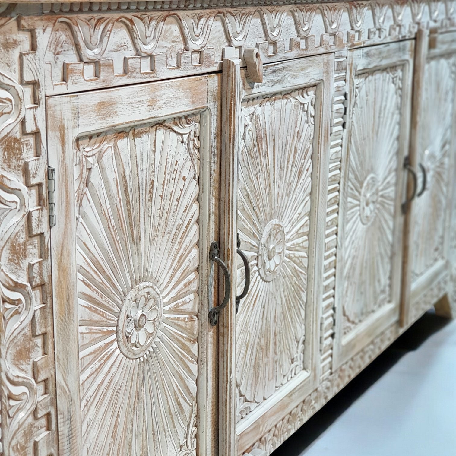 Handmade Carved Indian Mango Wood 4-Door Sideboard Buffet Cabinet 180x40x90cm Whitewash Finish - Perfect for Dining Room Storage, Living Room Decor & Rustic Home Furniture