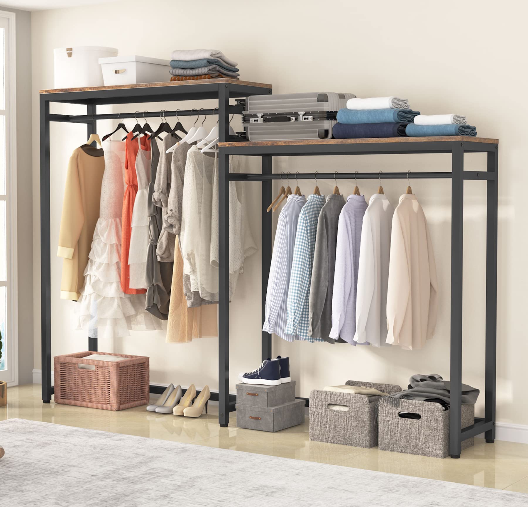 Tribesigns Heavy Duty Free Standing Closet Organizer with Storage Shelves & Double Hanging Rod - Rustic Brown Metal Wardrobe for Bedroom, Clothes Garment Rack | Perfect for Small Spaces, Apartment Storage & Walk-In Closet Organization