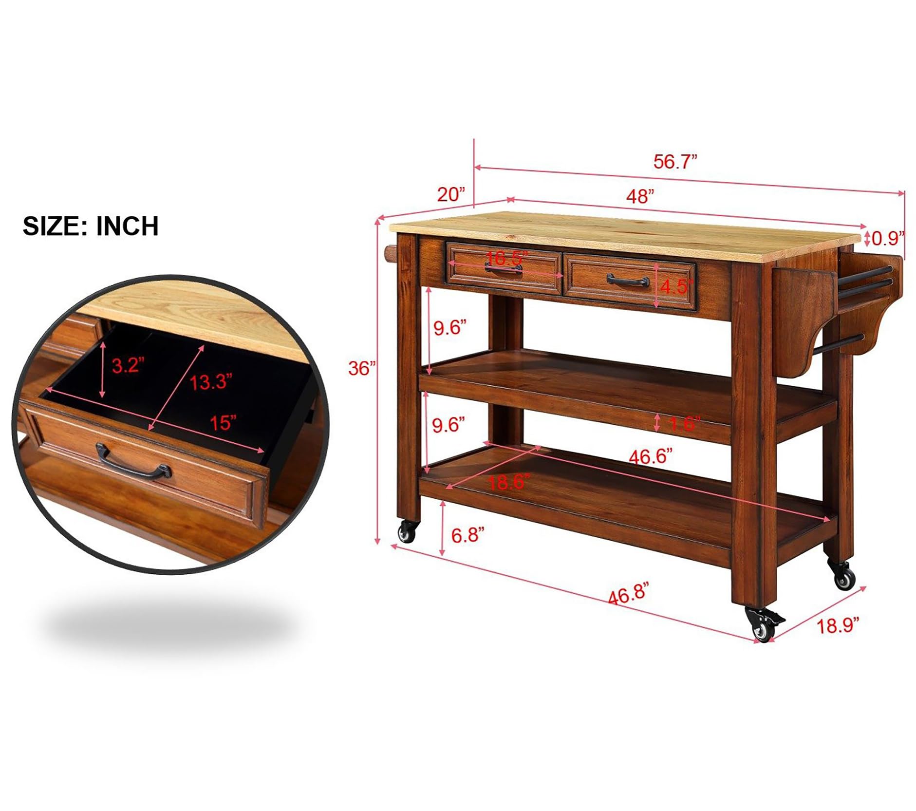 57 Inch Solid Oak Wood Kitchen Island Cart with 2 Drawers & Storage Shelves - Rolling Kitchen Cart with Wine Rack & Spice Organizer - Perfect for Small Kitchens, Dining Rooms & Home Bars (Walnut Finish)