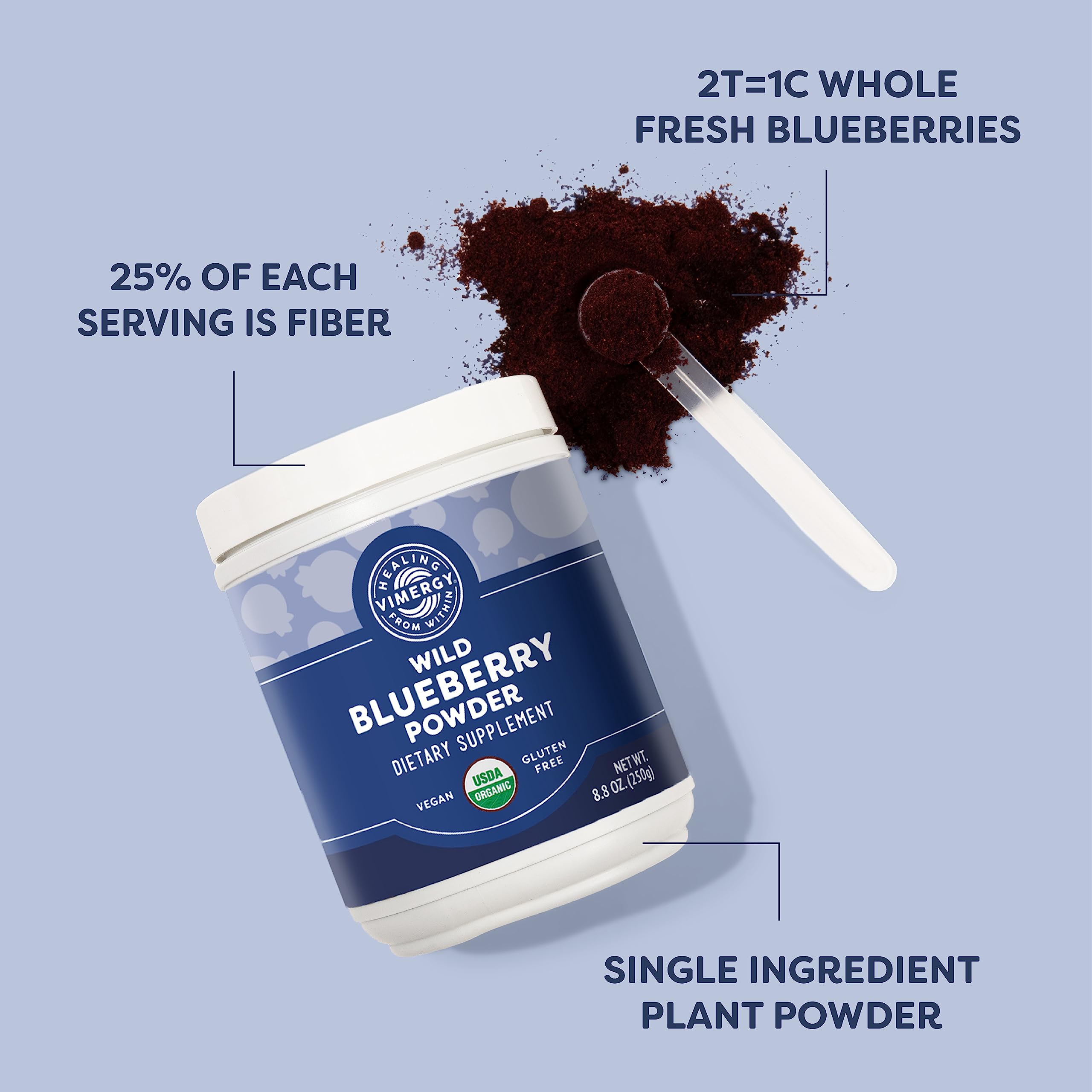 Vimergy Organic Wild Blueberry Powder 250g - Brain Health & Heart Support Supplement - Vegan, Gluten-Free Superfood for Smoothies, Baking & Daily Wellness