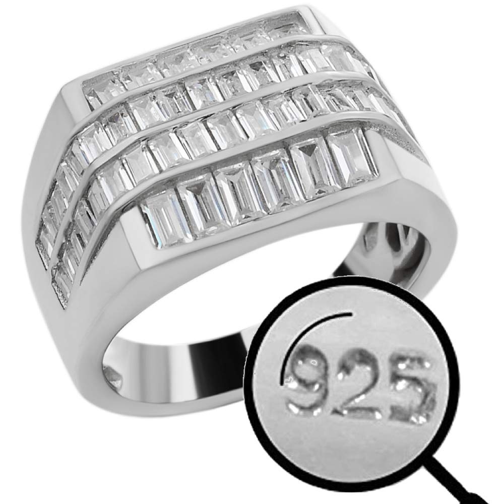 925 Sterling Silver Iced Baguette Men's Ring - Sizes 7-13 - Heavy Pinky or Statement Ring with Man-Made Diamonds | Perfect for Gifts, Weddings, and Everyday Luxury Fashion