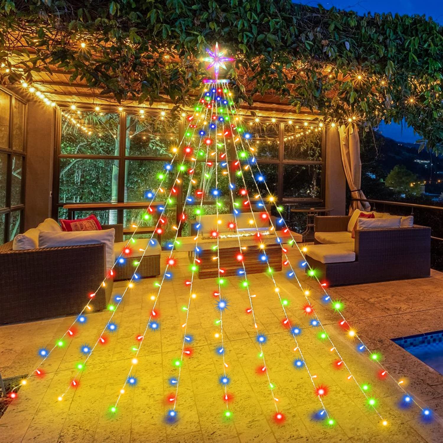 Christmas LED String Lights with Big Dipper Topper - 320 Multicolor Waterfall Lights for Holiday, Wedding & Party Decor