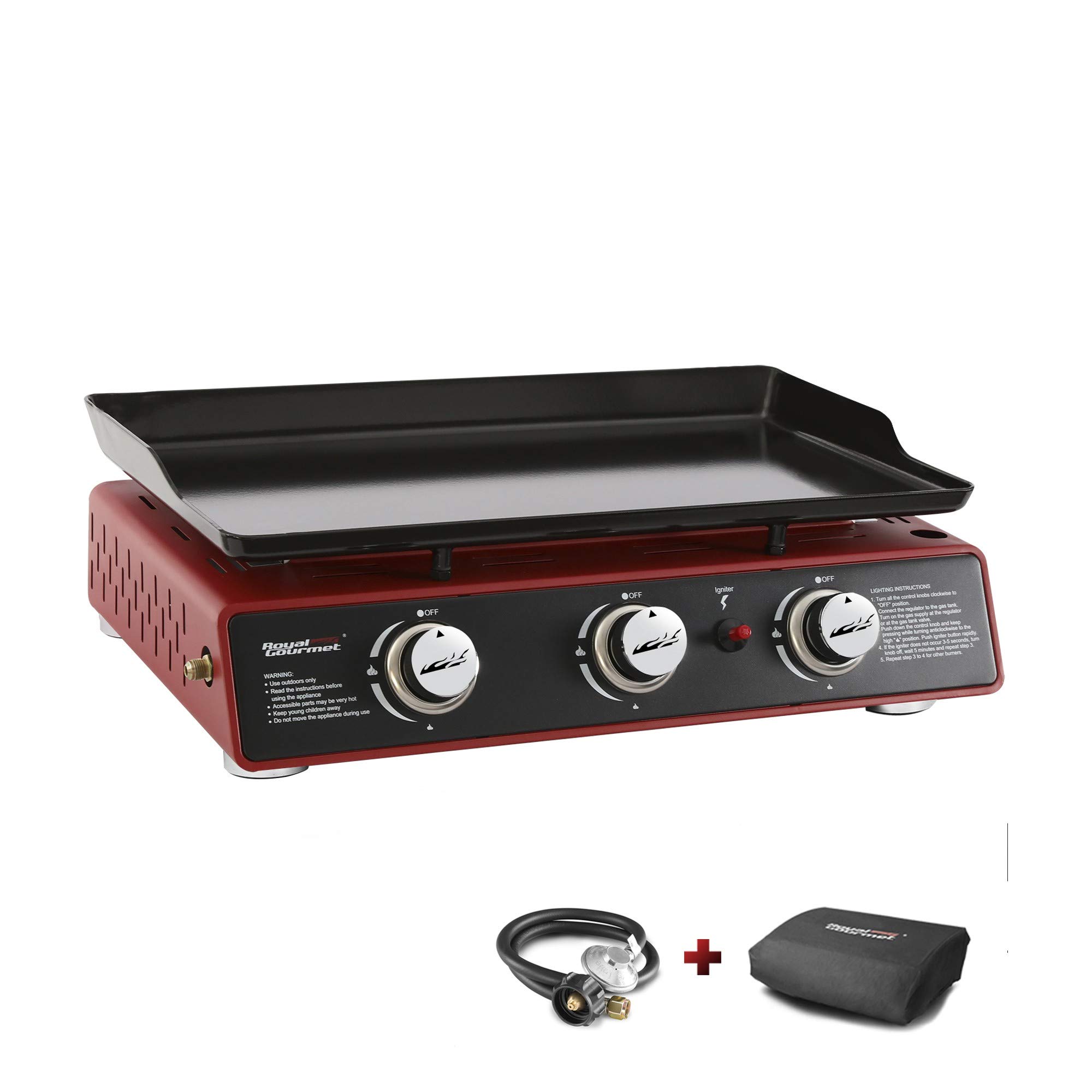 Royal Gourmet PD1301R Portable 24-Inch 3-Burner Table Top Gas Grill Griddle with Cover - 25,500 BTUs Outdoor Cooking for Camping, Tailgating, Backyard BBQs & Picnics - Red