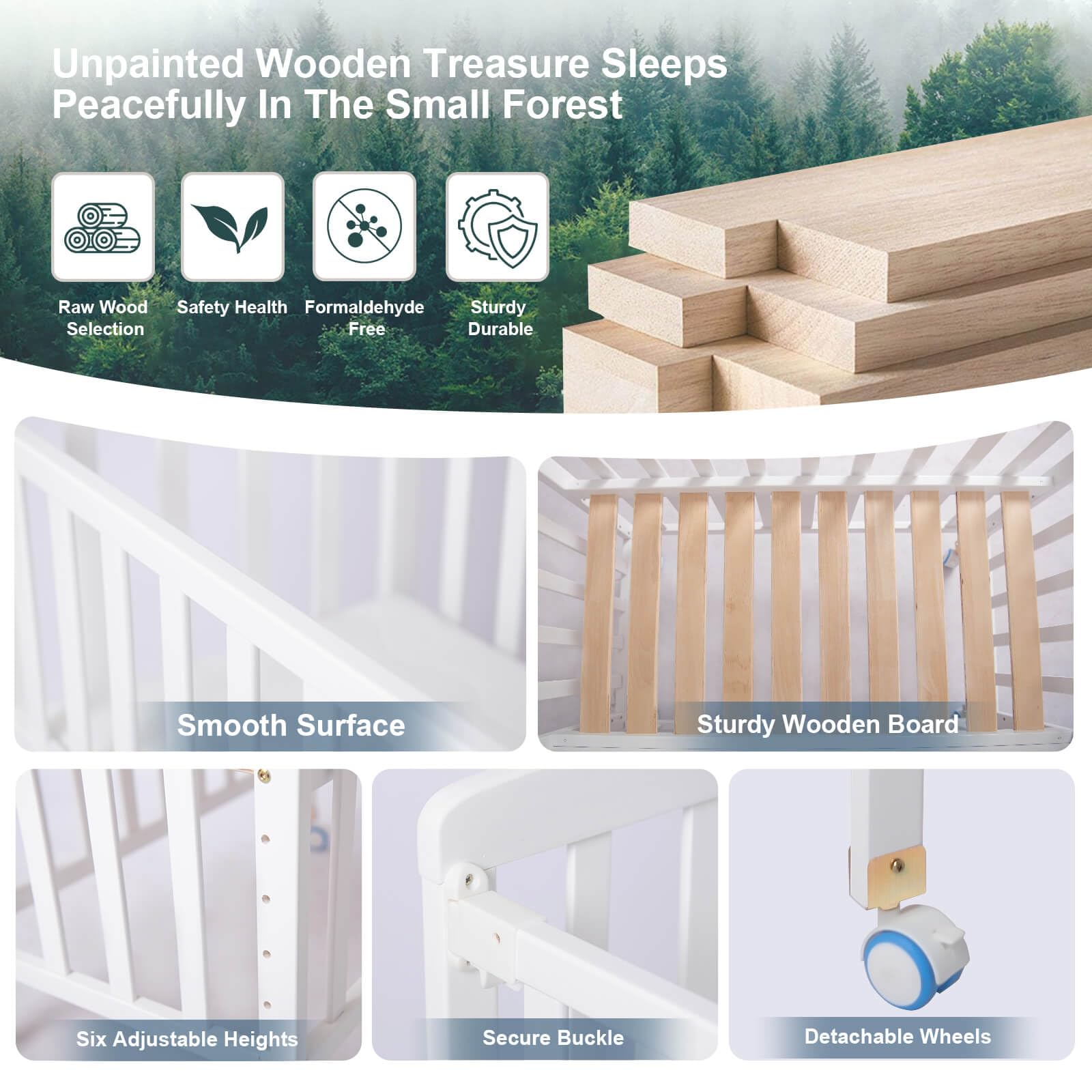 **Pine Wood Baby Bassinet Bedside Sleeper - Adjustable 6 Height Co-Sleeper Crib with Mattress for Newborns & Infants | Portable Nursery Bed for Safe Sleep, Breastfeeding & Room Sharing (White)**
