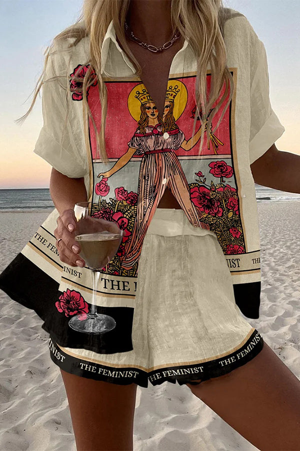 Stylish Tarot Print Loose Fit Button Front Elastic Waist Shorts Set - Perfect for Yoga, Beach, and Summer Casual Wear