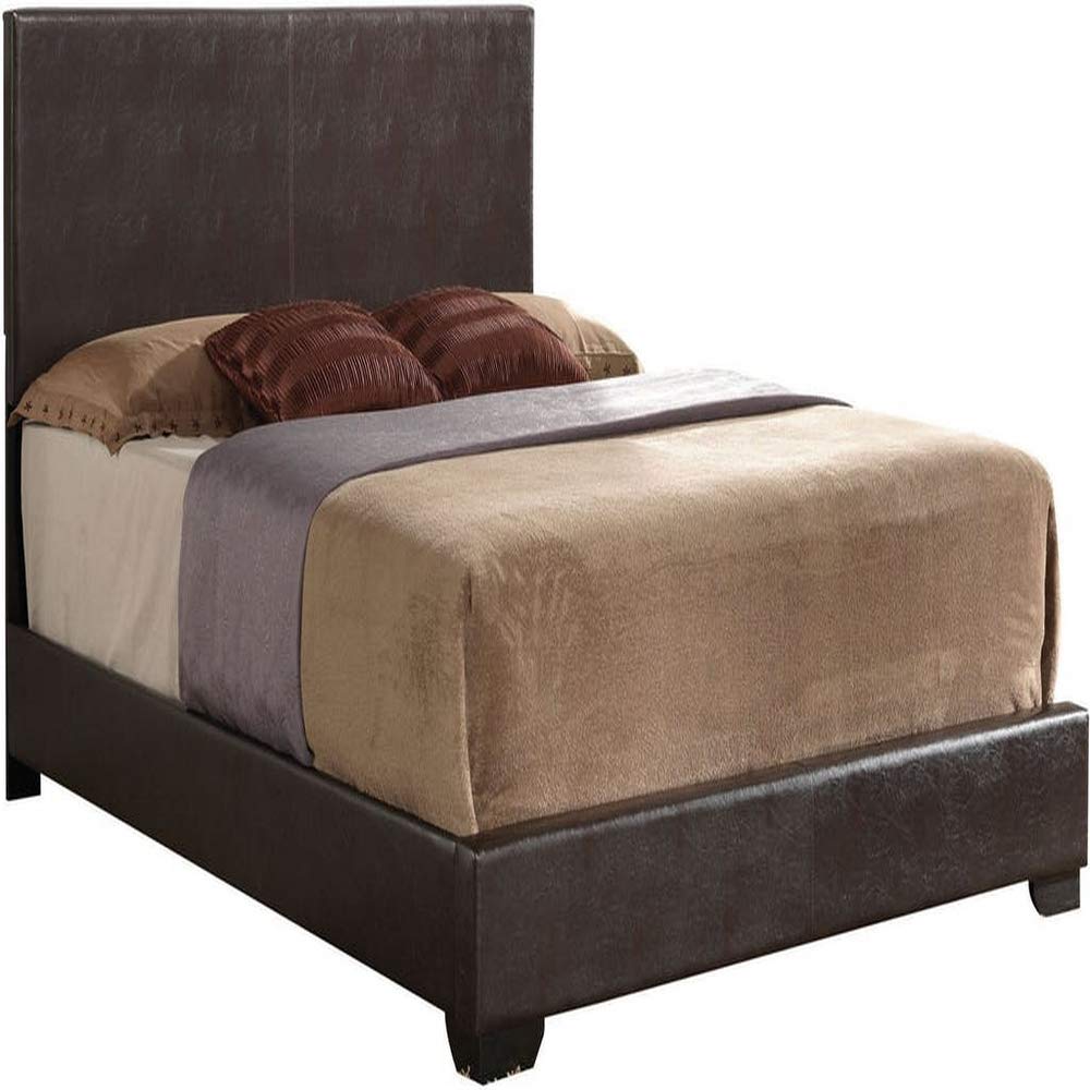 Benjara Contemporary Queen Size Wooden Panel Bed with Faux Leather Upholstery in Brown - Modern Bedroom Furniture for Luxurious Home Decor