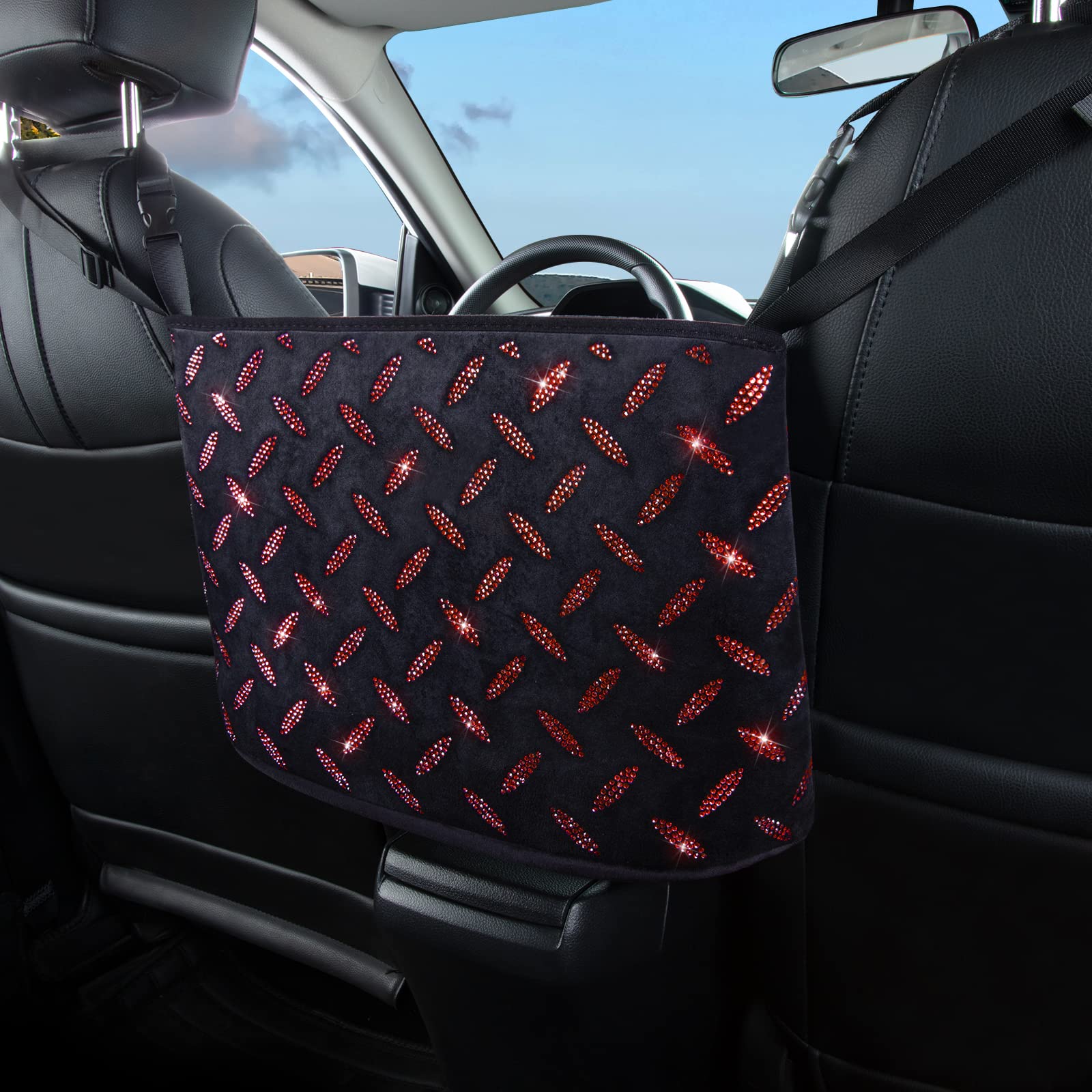 Sparkling Crystal Car Organizer & Purse Holder with Bling Diamonds - Red Car Seat Back Storage Net for Women, Pet Barrier for Dogs & Kids - Perfect for Road Trips, Commuting & Family Travel