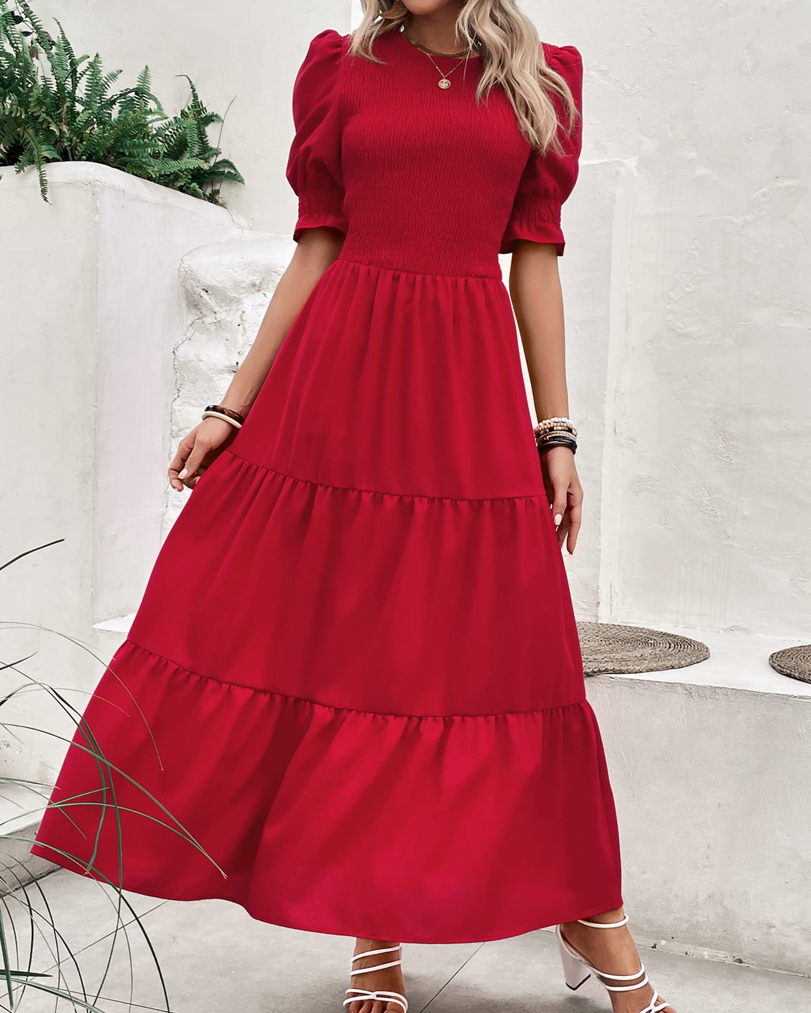 BTFBM Women's Floral Print Boho Maxi Dress - Crew Neck, Ruffled Short Sleeve, Smocked Waist, Flowy Summer Casual Dress for 2025 | Perfect for Beach Vacations, Music Festivals & Boho-Chic Outfits