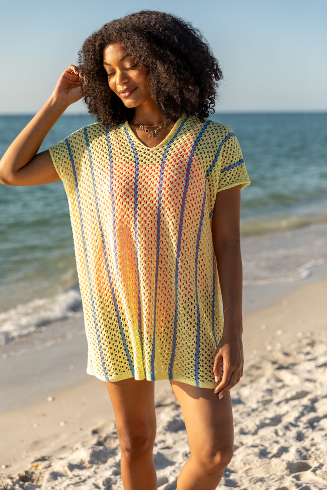 Stylish Yellow and Blue Knit Cover Up - Perfect for Beach, Pool, and Summer Outfits | Never Ending Sunny Days