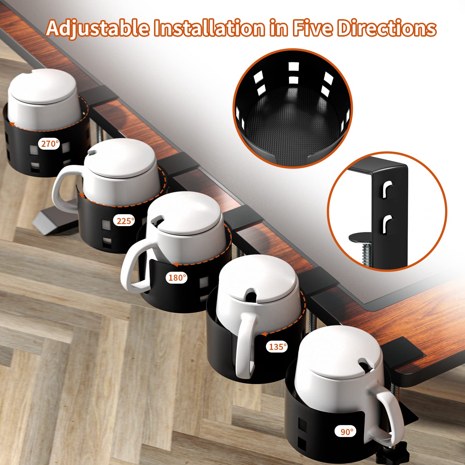 Upgraded Large Desk Cup Holder Clamp - OOKUU Anti-Spill Metal Office & Gaming Desk Accessory - Universal Fit for Cups, Bottles & Pencil Holders (Black) - Perfect for Workstations, Home Office & Gaming Setups