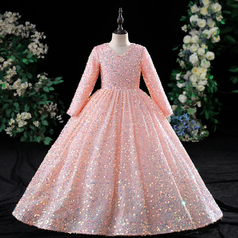 Elegant Baby Girl Long Sleeve Sequined Puff Princess Dress - Toddler Pageant Dress for Birthday Party, Photo Shoot & Special Occasions