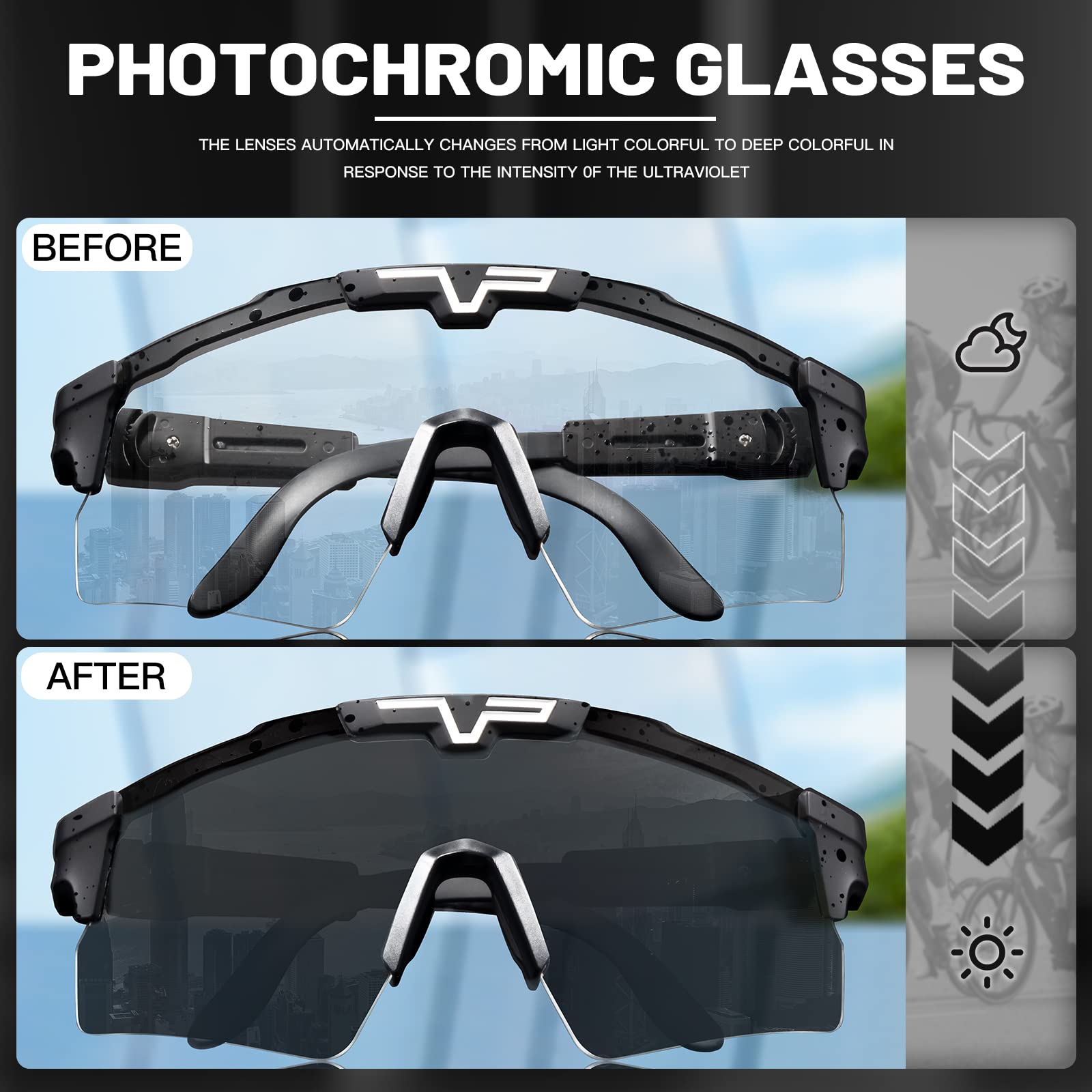 KAPVOE Photochromic Cycling Glasses for Men & Women - UV Protection Sports Sunglasses for Mountain Biking, Road Cycling & Outdoor Activities | Clear to Dark Lens Transition | Lightweight & Durable MTB Glasses for All-Day Comfort
