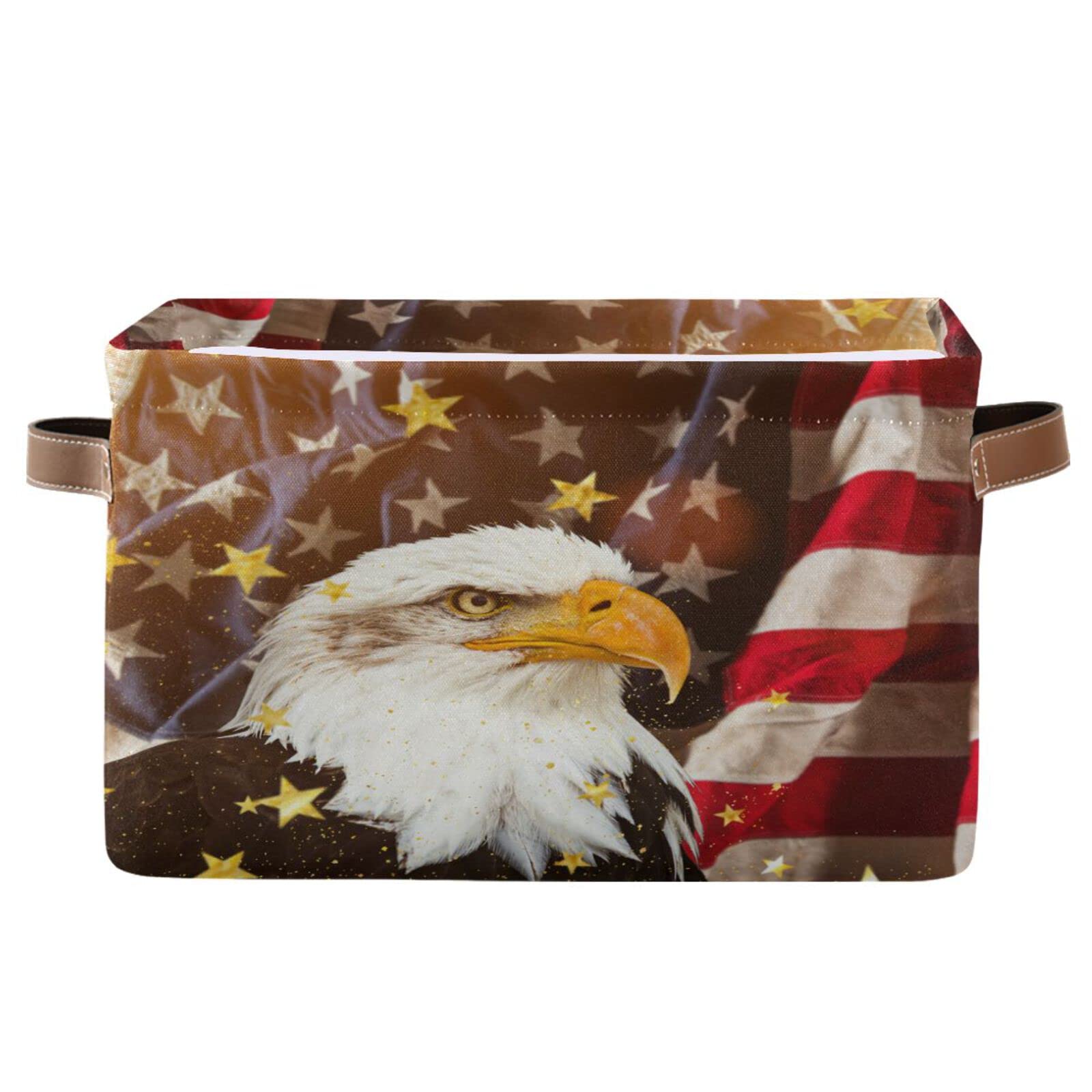 Patriotic Bald Eagle USA Flag Storage Baskets - Large Collapsible Organizer Bin with PU Handles for Closet, Nursery, Laundry (2-Pack) | Perfect for Memorial Day Decor & Home Organization