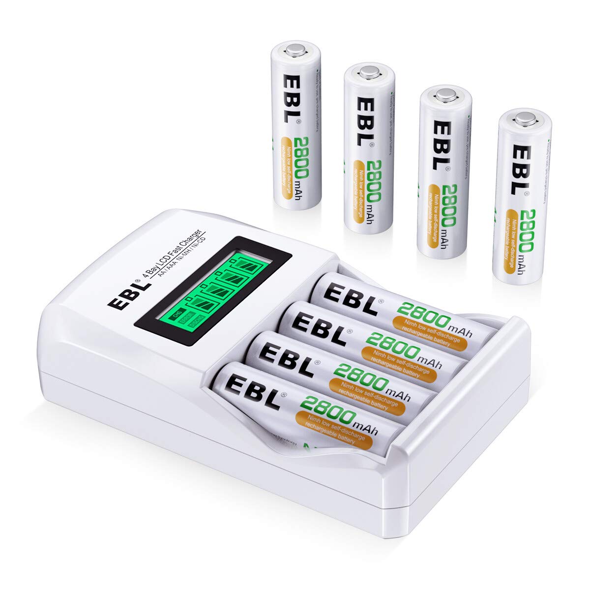EBL 2800mAh Rechargeable AA Batteries 8-Pack with LCD Smart Charger | High Capacity Ni-MH AA Batteries & Independent Slot Charger | Perfect for Cameras, Toys, Flashlights & Electronics