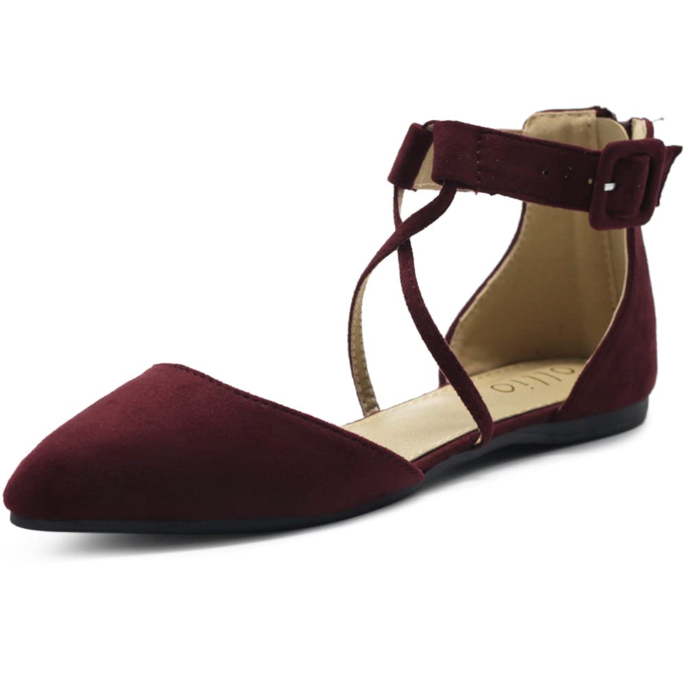 Ollio Women's Faux Suede Ballet Flats - Cross Strappy Ankle Strap Pointed Toe Comfortable Shoes for Work, Party & Daily Wear | Style ZYF88