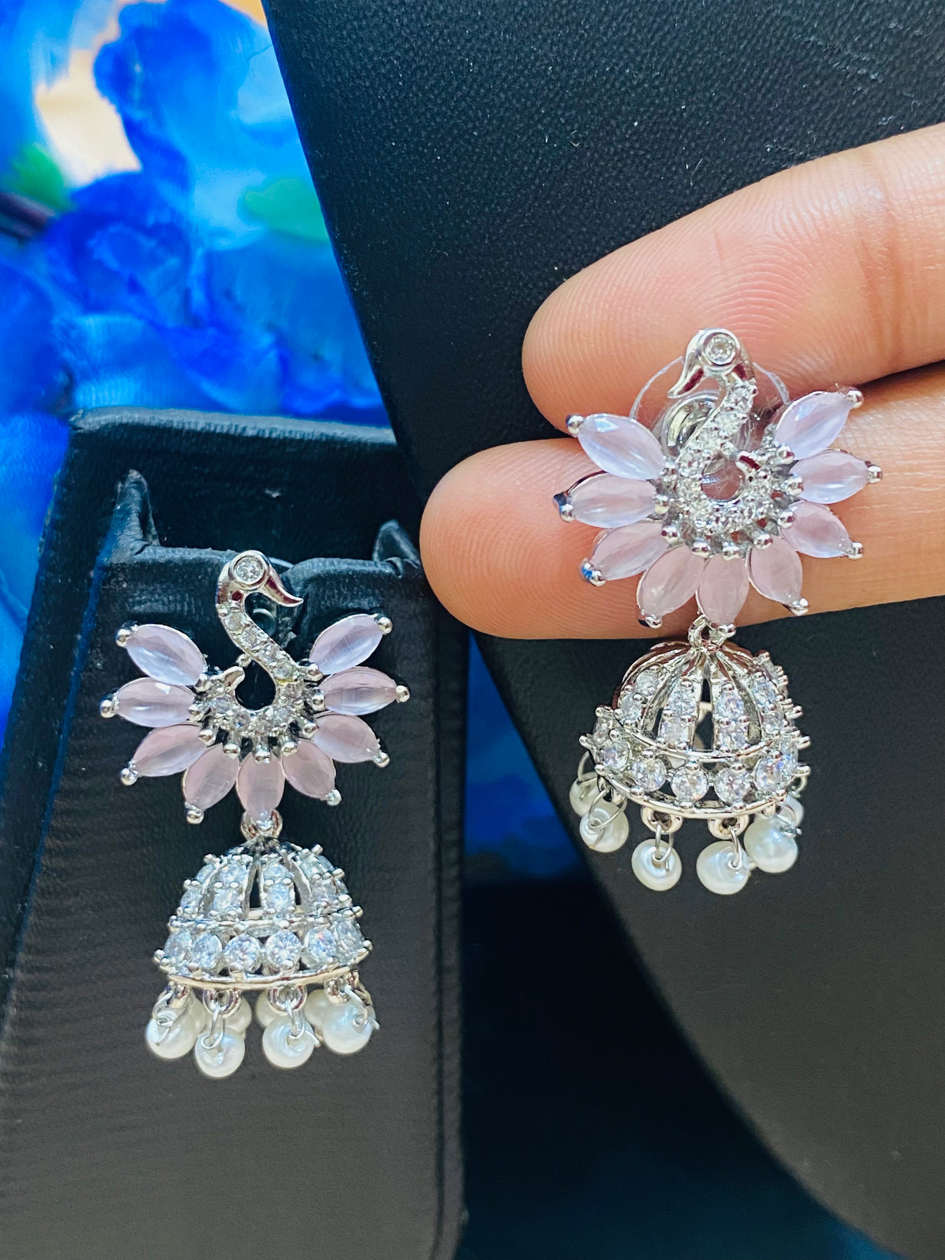 Stylish Light Pink American Diamond Jhumka Earrings for Women | Elegant Indian Ethnic Jewelry | Perfect for Weddings, Parties & Festive Occasions
