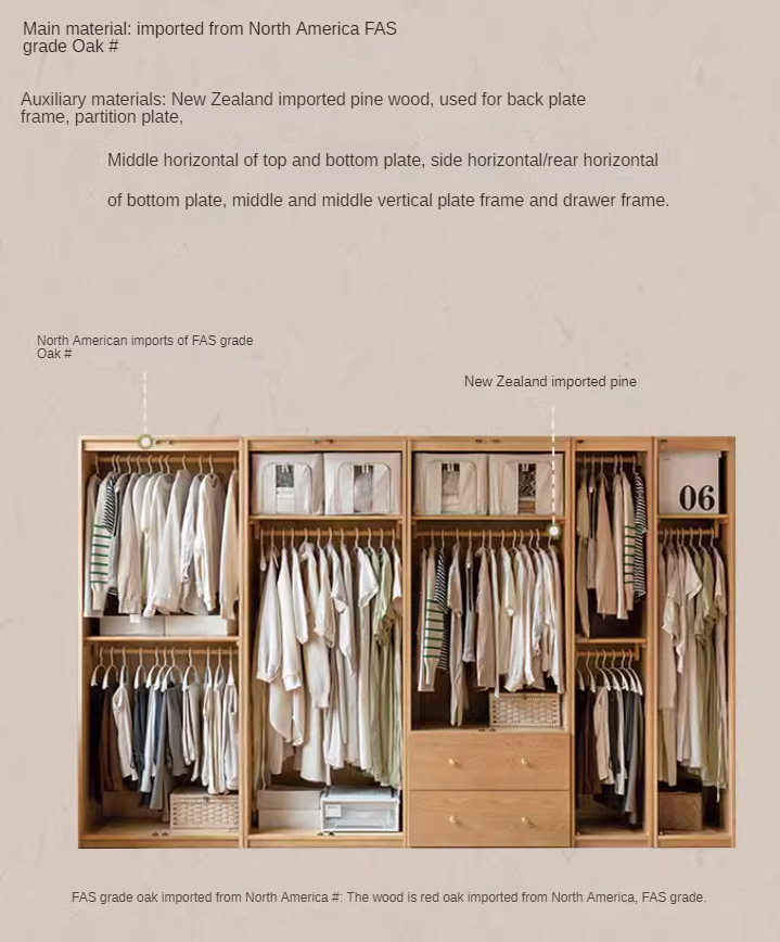 Oak Solid Wood Modular Wardrobe with Rattan Doors - Customizable Closet Storage for Bedroom & Living Room Organization