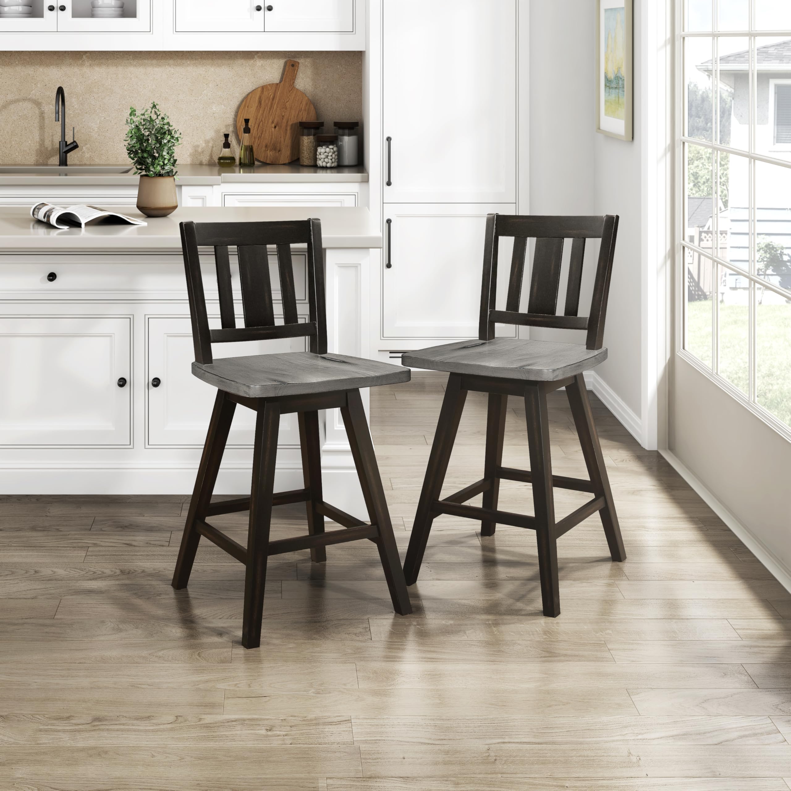 Modern Swivel Counter Height Bar Stools Set of 2 - Solid Wood Kitchen Island Stools with High Back, Footrest & Vertical Slat Design - 24
