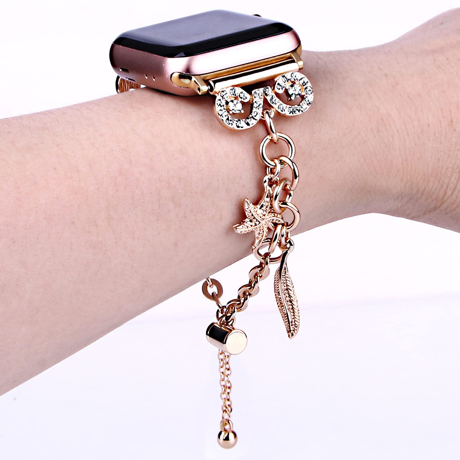 VIQIV Luxury Metal Bracelet Band Compatible with Apple Watch Ultra/SE/Series 8/7/6/5/4/3/2/1 - 49mm 45mm 44mm 42mm 41mm 40mm 38mm Sizes - Elegant Bling Jewelry Strap for Women & Girls - Perfect for Work, Parties & Special Occasions