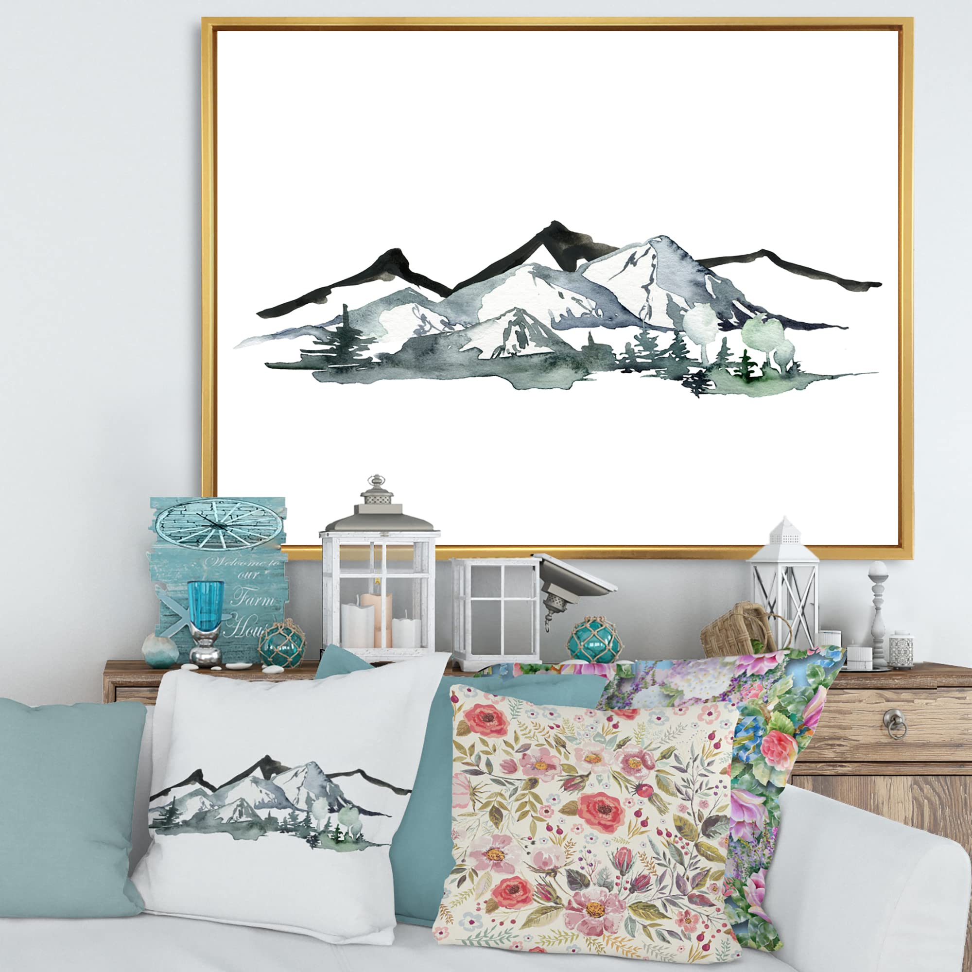 Minimalist Winter Mountains & Fir Forest Canvas Wall Art - Modern Framed Print for Living Room, Bedroom & Office Decor