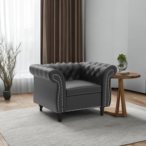 QHITTY Chesterfield Accent Chair - Modern Tufted Leather Upholstered Living Room Chair for Home Office & Lounge (Black) - Perfect for Reading Nooks, Living Rooms & Cozy Spaces