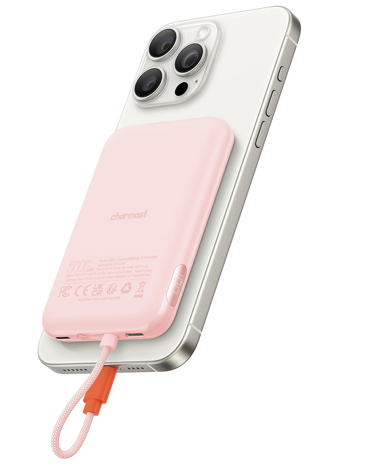 Charmast 5000mAh Ultra Slim Portable Charger - Fast Charging Power Bank with Built-in Lightning Cable & Digital Display - Compatible with iPhone 14/13/12/11/XR/X Series (Perfect for Travel, Outdoor, and Emergency Charging)