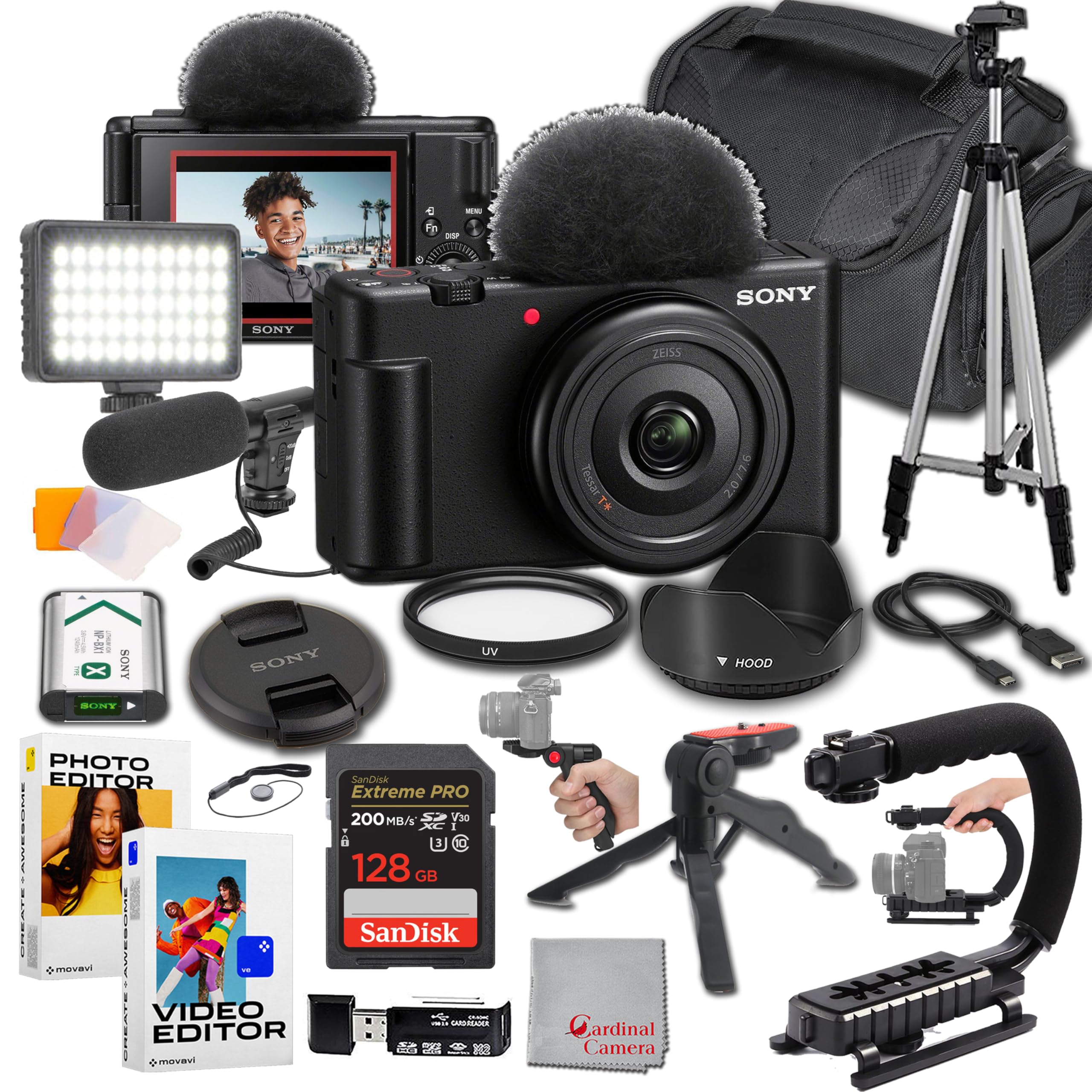 Sony ZV-1F Vlogging Camera Bundle with 128GB Extreme Memory Card, External Mic, LED Video Light, U-Grip Handle, Tripod & Editing Software (21pc Kit) - Perfect for YouTube, TikTok & Travel Content Creation