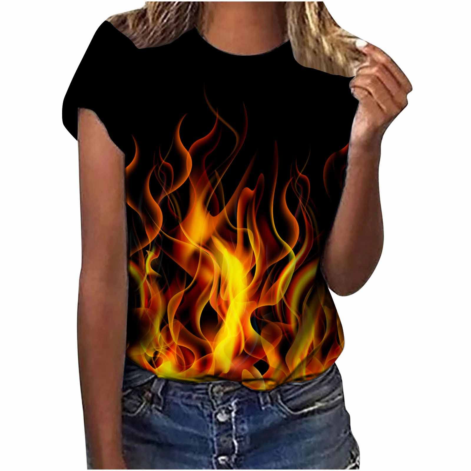 Vintage Fire Flame Print Women's Graphic Tee - Summer Short Sleeve Casual T-Shirt Top | Perfect for Streetwear, Music Festivals & Everyday Outfits