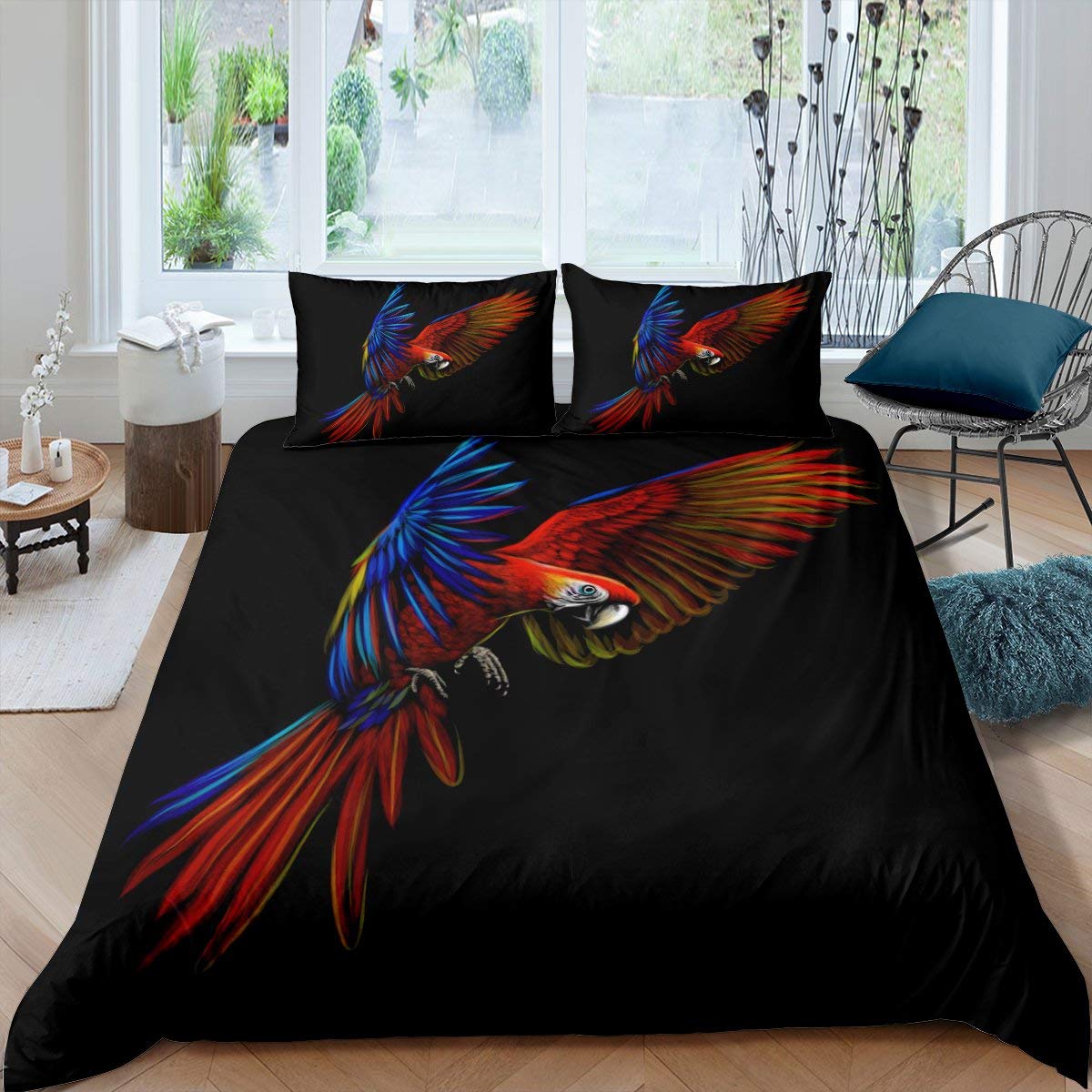 Parrot Duvet Cover Set - 3D Watercolor Bird Print Bedding for Kids & Teens | Blue & Red Feather Design with 2 Pillowcases (3PCS Full Size) - Perfect for Boys & Girls Bedrooms, Dorm Rooms & Nursery Decor