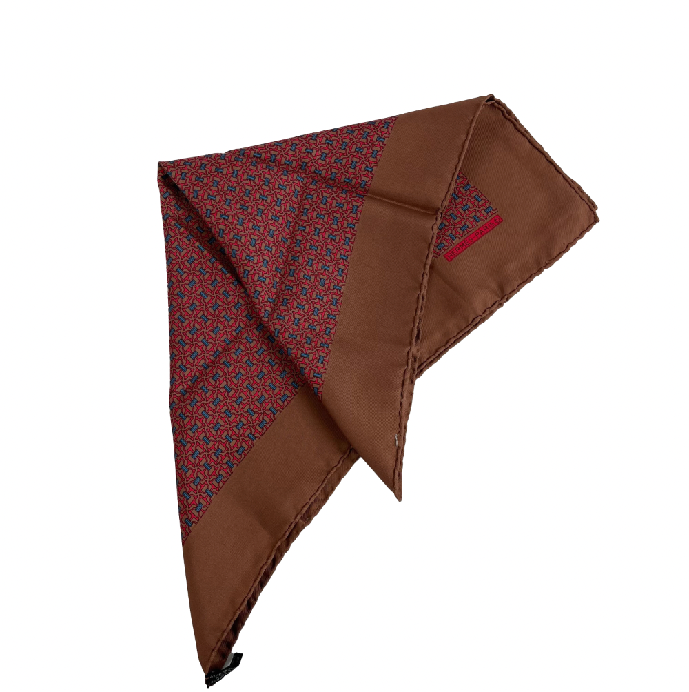 Hermes Luxury Brown & Red Interlocking Chain Pocket Square - Pinkish Brown Silk Scarf for Men & Women - Perfect for Weddings, Parties & Formal Events
