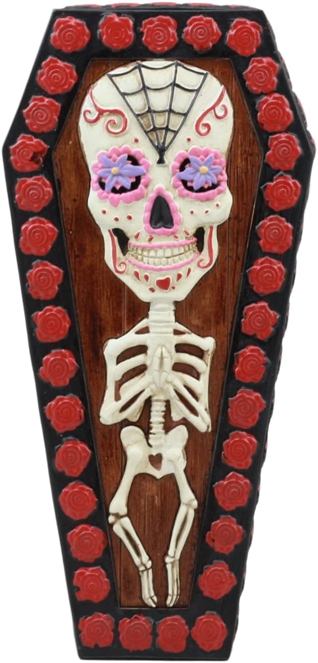 Ebros Gothic Sugar Skull Jewelry Box with Red Roses - Day of The Dead Decor, Skeleton Coffin Trinket Box for Secret Stash - Perfect for Halloween, Gothic Home Decor & Vampire Themed Collections