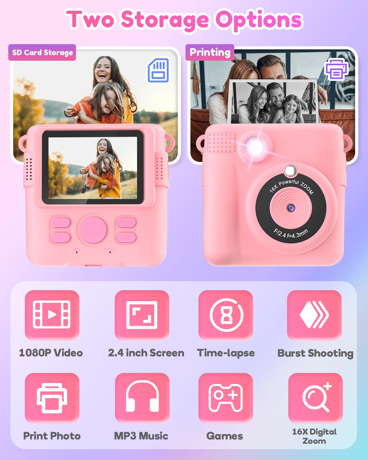 YORKOO Kids Digital Camera for Girls Age 4-10 - 1080P HD Instant Print Camera with 32GB SD Card, Photo Paper & Video Recorder | Creative Toy Gift for Birthday, Christmas & Travel | Pink