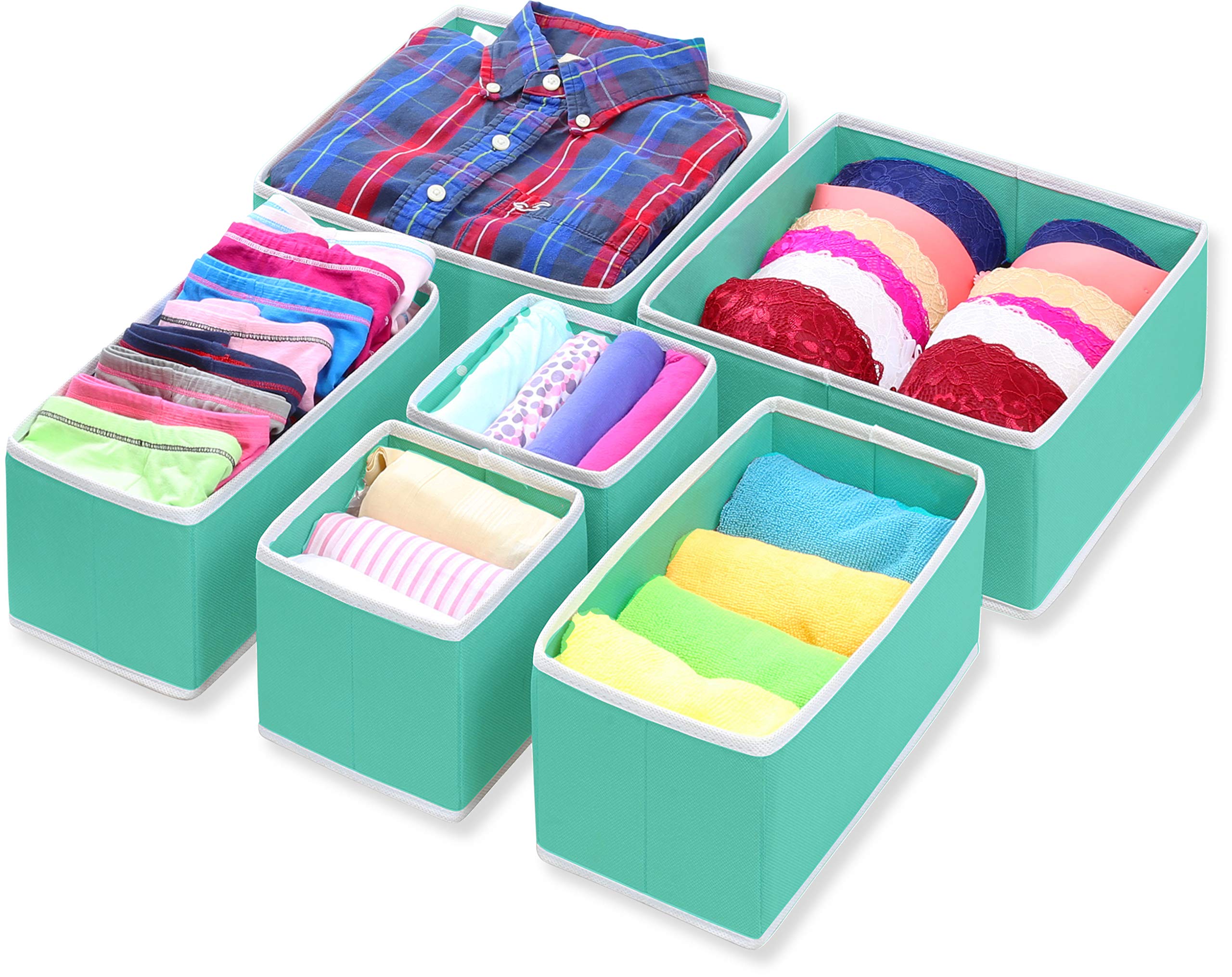 Foldable Fabric Storage Box Set of 6 - Closet Organizer Bins for Underwear, Bras & Accessories - Drawer & Shelf Dividers - Turquoise Home Organization Solution for Bedroom, Bathroom & Dorm